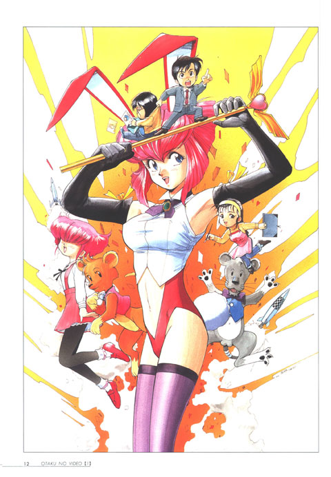 sonoda ken'ichi, fujihara misuzu, fukuhara misuzu, kubo ken, misty may, nega-king, posi-king, satsuki (otaku no video), tanaka (otaku no video), otaku no video, 1990s (style), 2boys, 3girls, :d, animal, animal ears, apron, black hair, brooch, chibi, covered erect nipples, dress, elbow gloves, fake animal ears, flat chest, formal clothes, glasses, gloves, hair over eyes, hairband, heart, jewelry, magical girl, midriff, multiple boys, multiple girls, necktie, open mouth, paintbrush, pantyhose, pink hair, playboy bunny, pointing, purple thighhighs, rabbit ears, rabbit tail, retro artstyle, shoes, short hair, smile, socks, standing, suit, tail, thighhighs, wand, whiskers