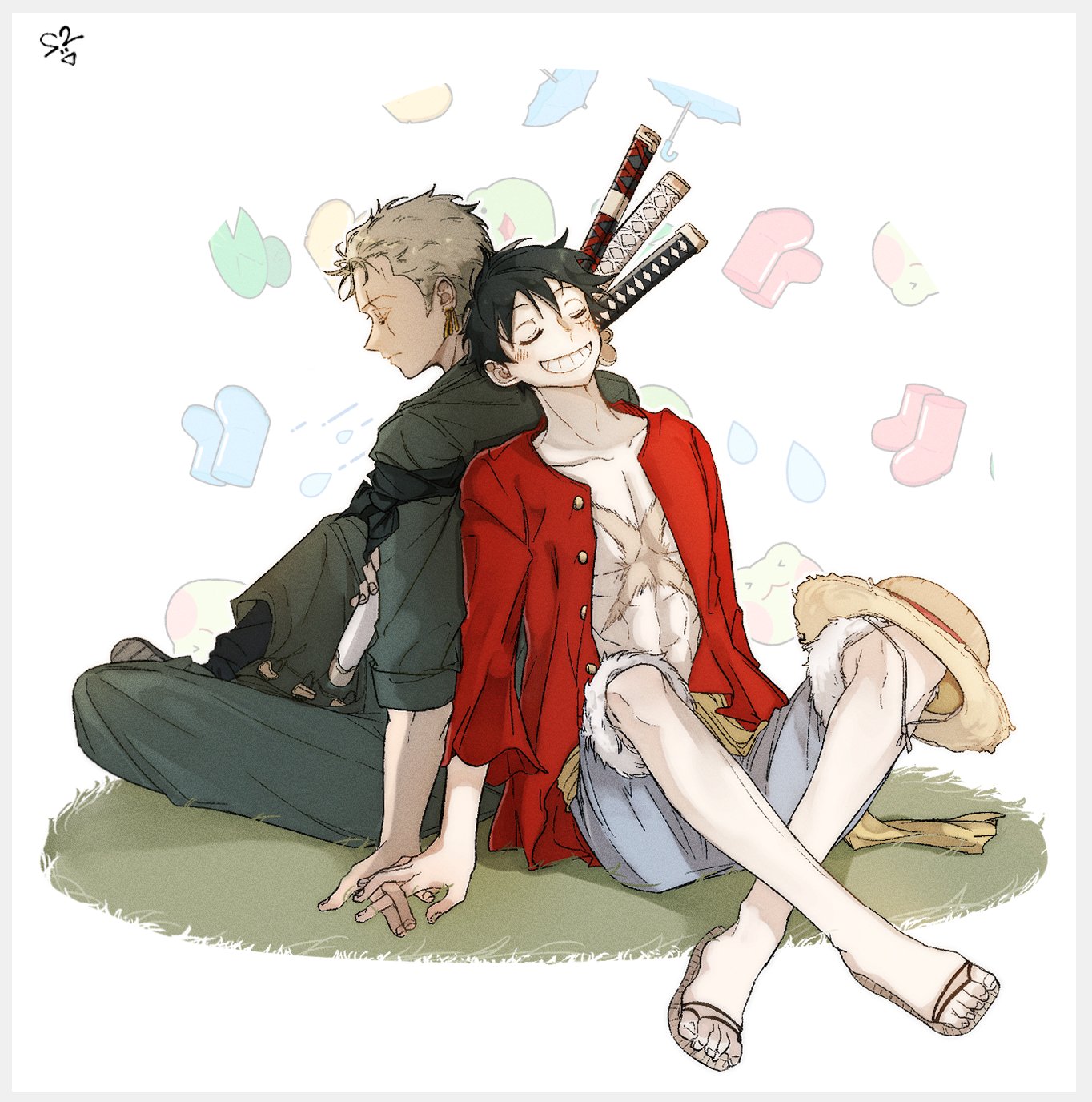 monkey d. luffy, roronoa zoro, one piece, commentary request, highres, korean commentary, 2boys, back-to-back, black hair, blue shorts, closed eyes, collarbone, cross scar, full body, fur-trimmed shorts, fur trim, green hair, grin, hat, holding hands, indian style, interlocked fingers, katana, knees up, male focus, multiple boys, open clothes, open shirt, red shirt, sandals, scar, scar across eye, scar on chest, scar on face, shirt, shorts, sitting, smile, straw hat, sword, ttoottoo, unworn hat, unworn headwear, weapon, yaoi