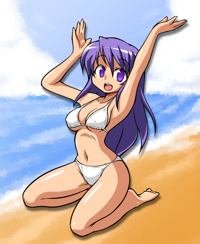 chiki (chikibw), original, bad id, bad pixiv id, 1girl, barefoot, beach, bikini, day, female focus, long hair, purple eyes, purple hair, solo, swimsuit, white bikini
