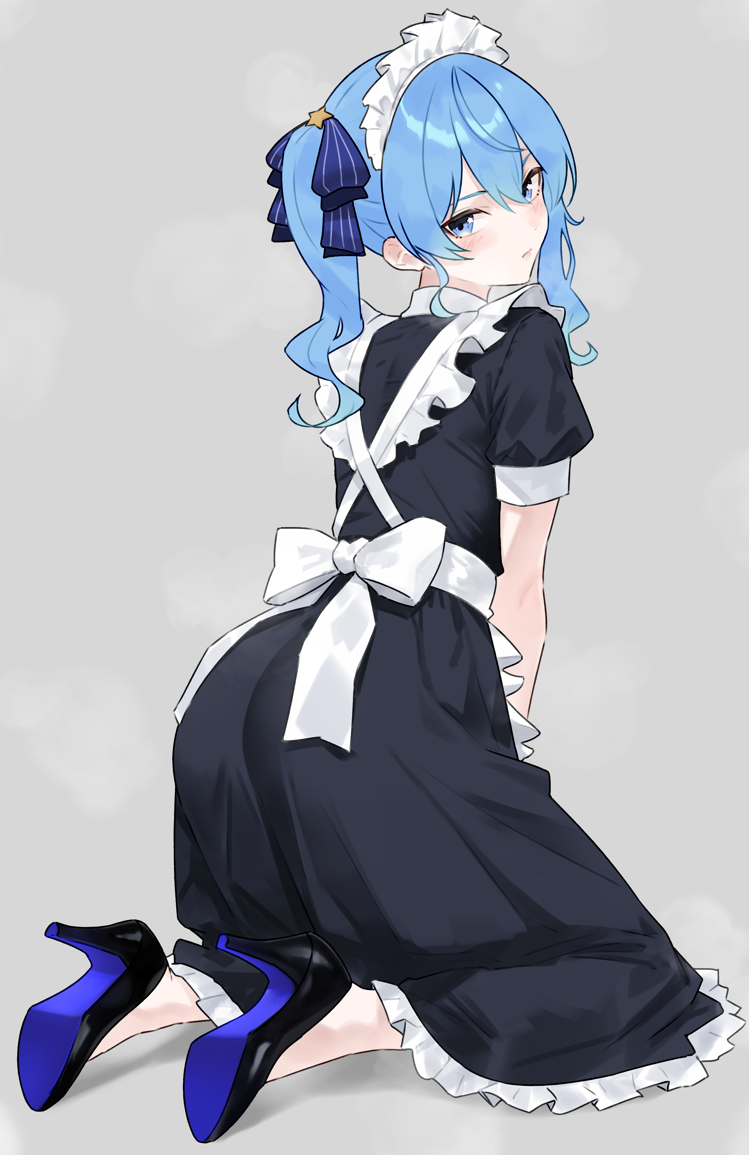 bluefield, hoshimachi suisei, hololive, absurdres, commentary, english commentary, highres, 1girl, alternate costume, apron, blue eyes, blue hair, blue shoes, blush, frilled apron, frills, from behind, hair between eyes, high heels, kneeling, long hair, looking at viewer, maid, maid apron, maid headdress, shoes, side ponytail, solo, star (symbol), star in eye, symbol in eye, virtual youtuber, white apron