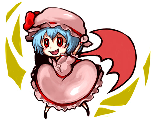 kty (04), remilia scarlet, touhou, lowres, 1girl, bat wings, blue hair, chibi, female focus, hat, red eyes, short hair, solo, vampire, wings
