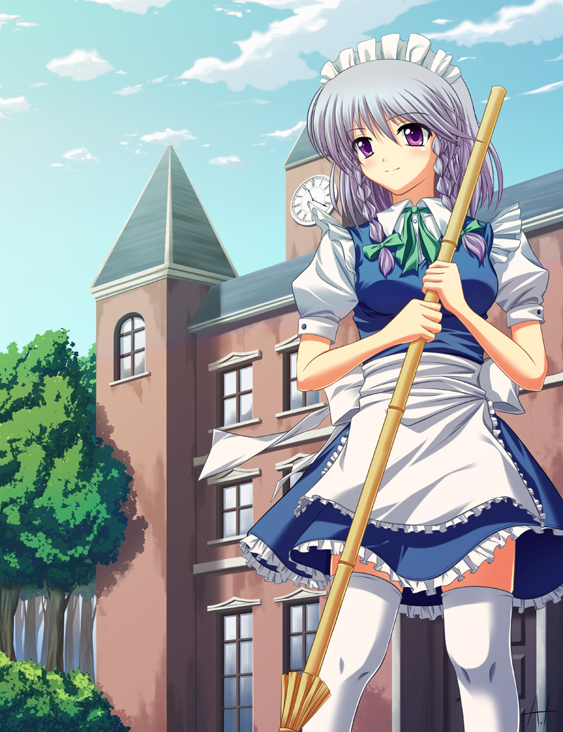 athrun1120, izayoi sakuya, touhou, silver hair, bad id, bad pixiv id, 1girl, bamboo broom, braid, broom, female focus, maid, nature, outdoors, plant, purple eyes, scarlet devil mansion, short hair, sky, smile, solo, standing, thighhighs, twin braids, white thighhighs, zettai ryouiki