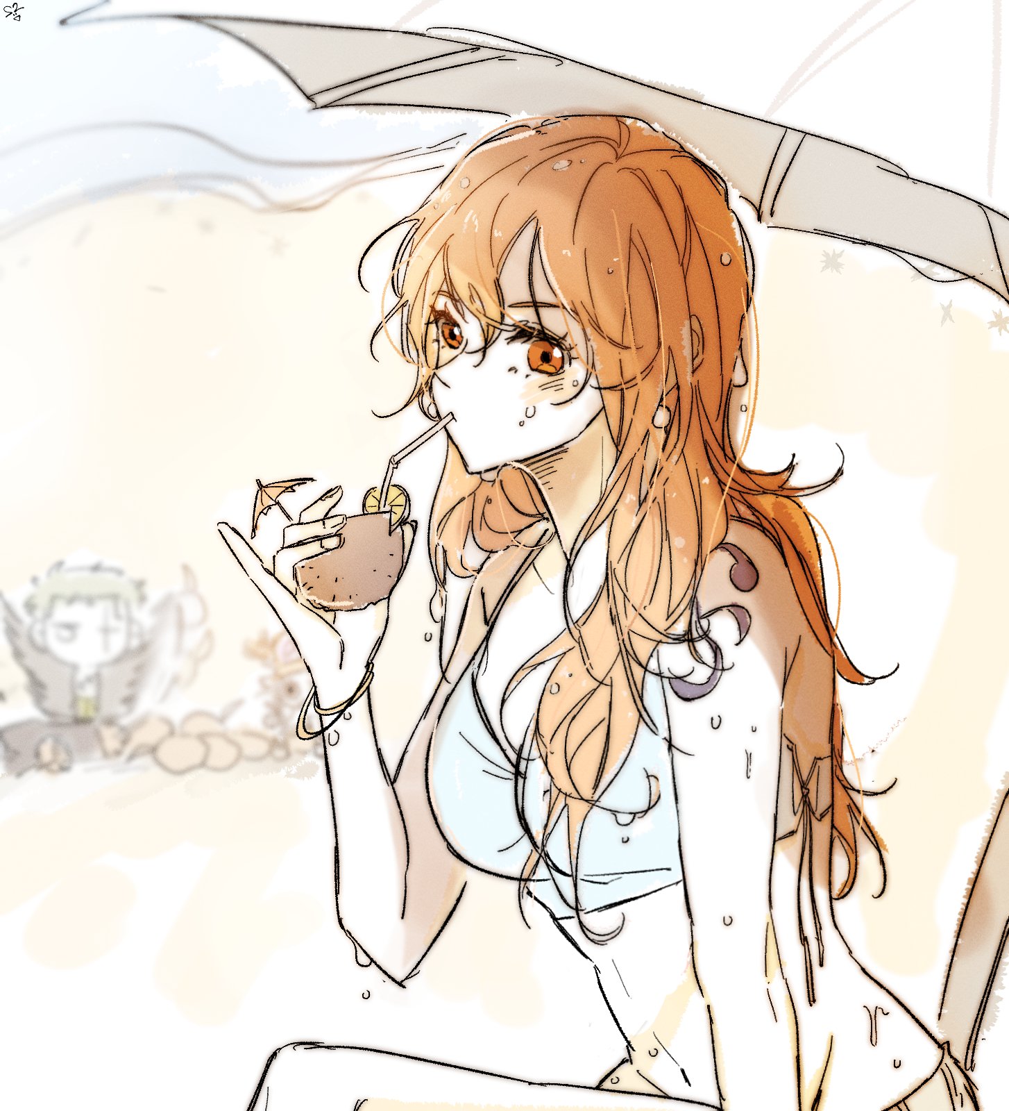 nami (one piece), roronoa zoro, tony tony chopper, one piece, commentary request, highres, korean commentary, 1girl, 2boys, bangle, bare shoulders, beach umbrella, bikini, blue bikini, blurry, blurry background, bracelet, breasts, drink, drinking, drinking straw, earrings, from side, jewelry, long hair, looking at viewer, medium breasts, multiple boys, orange eyes, orange hair, pearl earrings, shoulder tattoo, sitting, stomach, swimsuit, tattoo, ttoottoo, umbrella, upper body, wavy hair, wet, wet hair