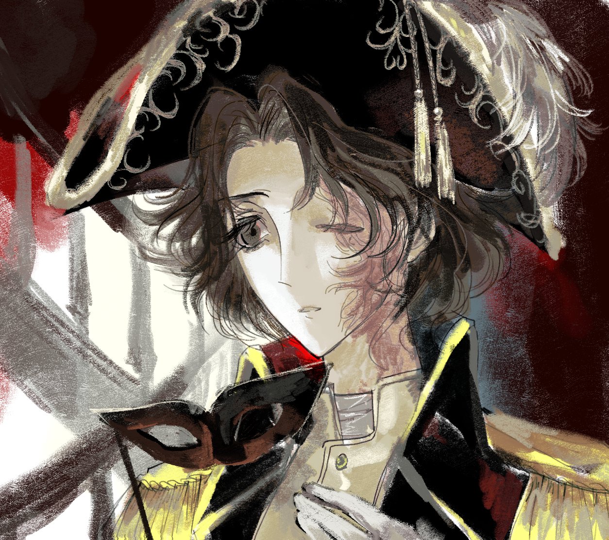 matthias czernin, identity v, 1boy, alternate costume, bicorne, brown eyes, brown hair, downturned eyes, epaulettes, eye mask, gold trim, hat, hat feather, high collar, male focus, mask, scar, scar across eye, scar on face, scar on neck, this sanctus, unworn mask, wavy hair