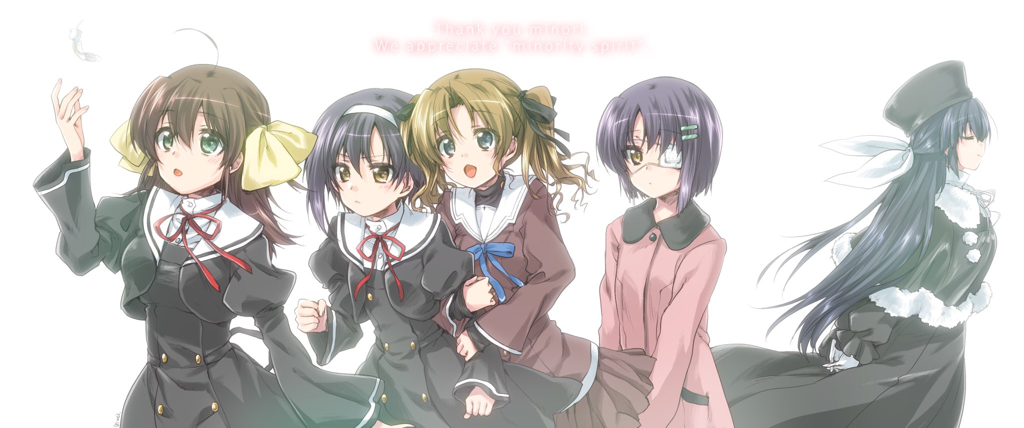 kuroi mimei, amamiya yuuko, hayama mizuki, miyamura miyako, shindou chihiro, shindou kei (ef), ef (visual novel), commentary request, highres, >:(, 5girls, :d, ||/, ahoge, arm hug, arms behind back, black capelet, black dress, black ribbon, blonde hair, bloom, blue eyes, blue ribbon, blunt ends, blush, bob cut, bow, brown hair, buttons, capelet, closed eyes, closed mouth, cowboy shot, double-breasted, dress, english text, eyepatch, eyes visible through hair, falling feathers, feathers, frown, fur-trimmed capelet, fur trim, gloves, green eyes, hair between eyes, hair bow, hair ornament, hair ribbon, hairband, hairclip, half updo, hand up, juliet sleeves, long hair, long sleeves, looking at another, looking up, medical eyepatch, medium hair, multiple girls, neck ribbon, one eye covered, open mouth, own hands together, pajamas, parallel hairclips, parted bangs, pink pajamas, profile, puffy sleeves, purple hair, red ribbon, ribbon, sailor collar, school uniform, serafuku, siblings, sidelocks, simple background, sisters, smile, straight hair, twins, twintails, v-shaped eyebrows, very long hair, white background, white feathers, white gloves, white hairband, white ribbon, white sailor collar, wide sleeves, yellow bow, yellow eyes
