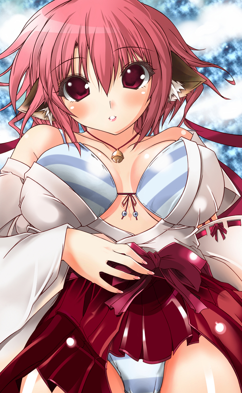 suzumiya botan, mystia lorelei, suzumiya, touhou, bad id, bad pixiv id, highres, 1girl, animal ears, bell, bikini, bra, breasts, female focus, japanese clothes, jewelry, large breasts, lingerie, miko, necklace, panties, pink hair, purple eyes, solo, striped bikini, striped clothes, striped panties, swimsuit, underwear