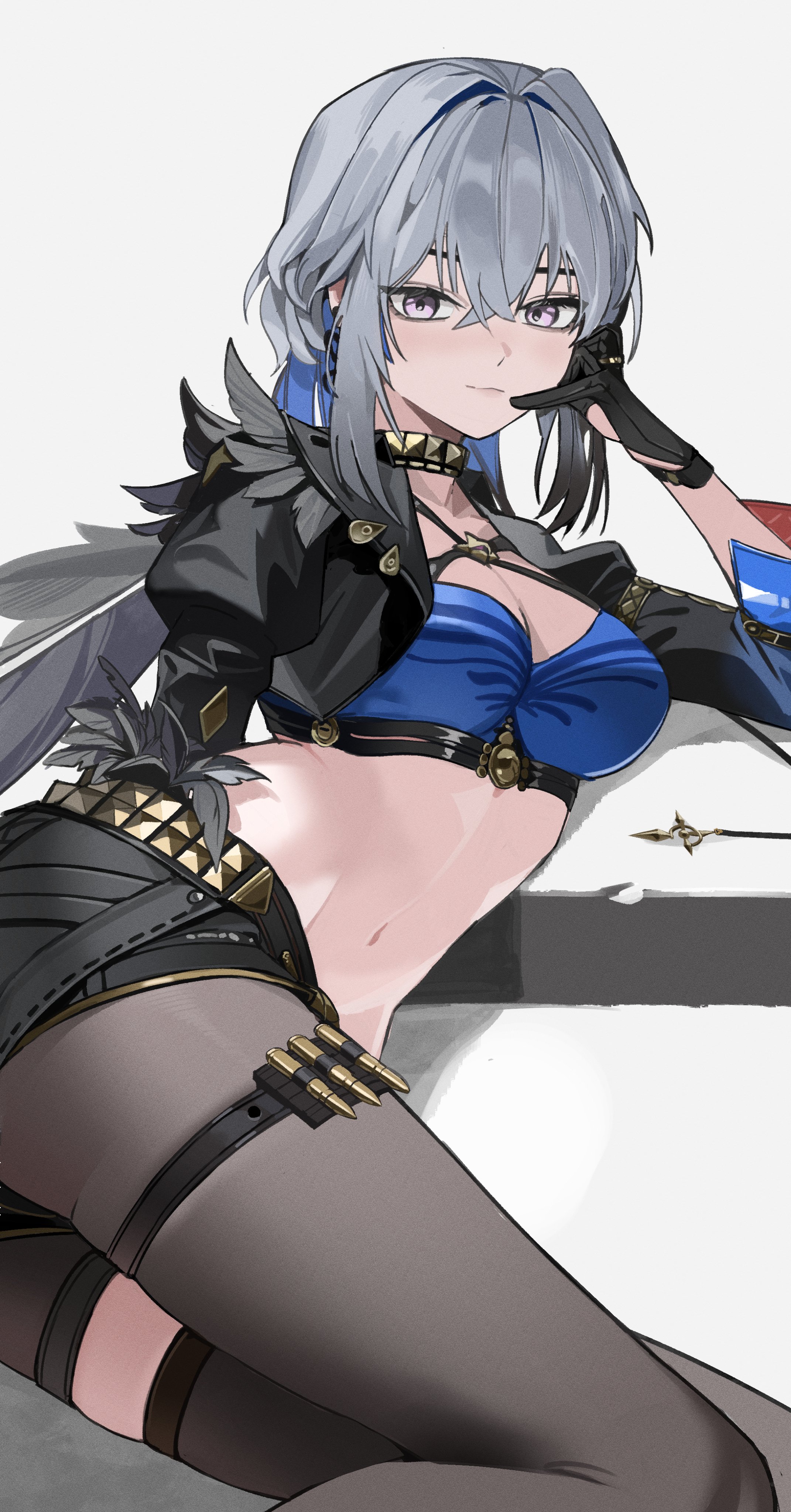 seueo, galbrena (wuthering waves), wuthering waves, absurdres, highres, 1girl, blue bra, bra, grey hair, looking at viewer, lying, midriff, navel, on side, purple eyes, single leg pantyhose, single thighhigh, solo, thighhighs, underwear