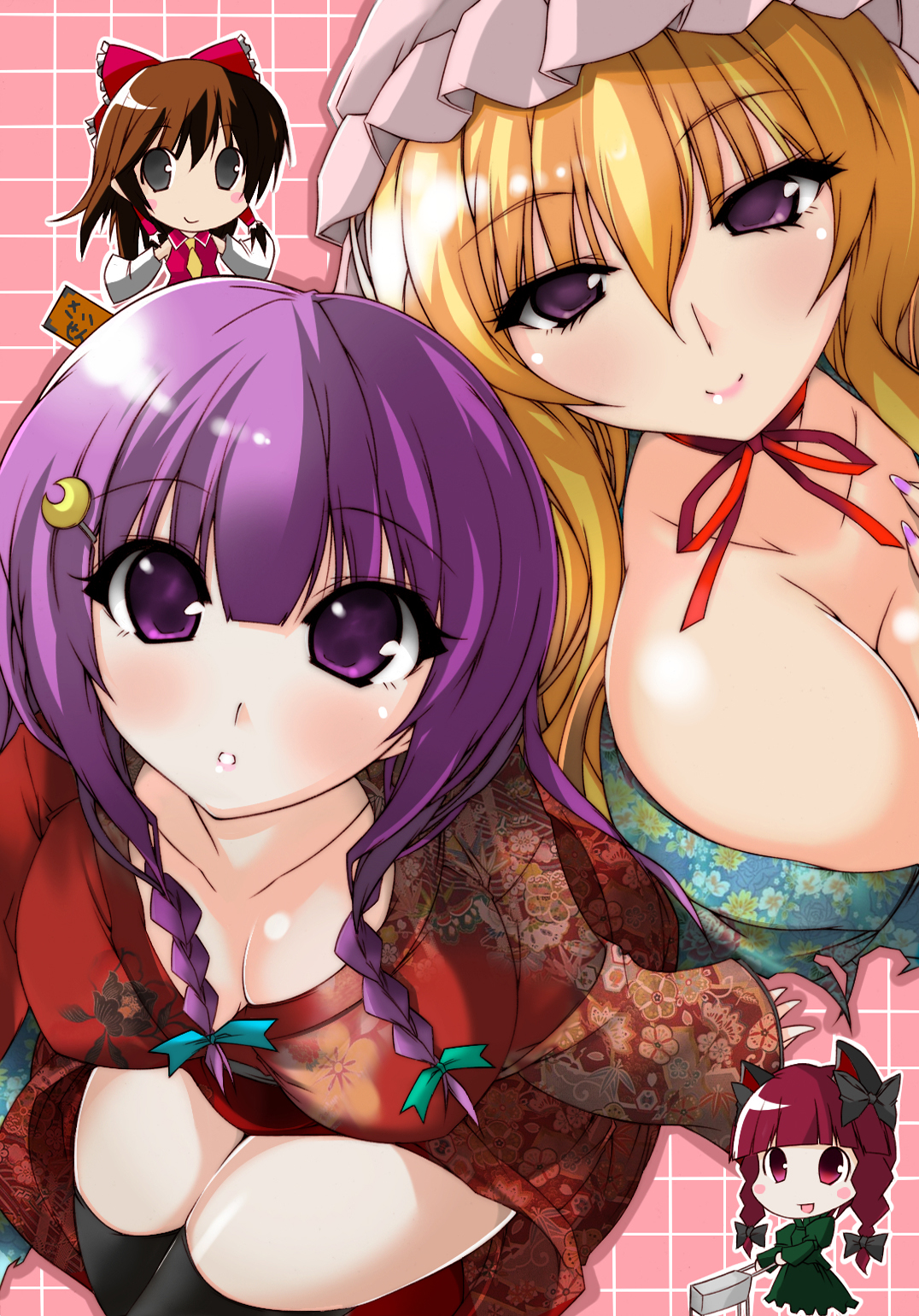 suzumiya botan, hakurei reimu, kaenbyou rin, patchouli knowledge, suzumiya, yakumo yukari, touhou, bad id, bad pixiv id, highres, 4girls, box, breasts, chibi, cleavage, donation box, female focus, huge breasts, japanese clothes, large breasts, multiple girls, thighhighs