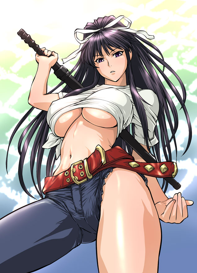 ueyama michirou, kanzaki kaori, toaru majutsu no index, 00s, 1girl, asymmetrical clothes, belt, black hair, bow, breasts, denim, female focus, from below, hair bow, holding, holding sword, holding weapon, huge breasts, katana, long hair, looking down, midriff, navel, ootachi, ponytail, purple eyes, shichiten shichitou, shirt, single pantsleg, solo, sword, t-shirt, thighs, underboob, weapon