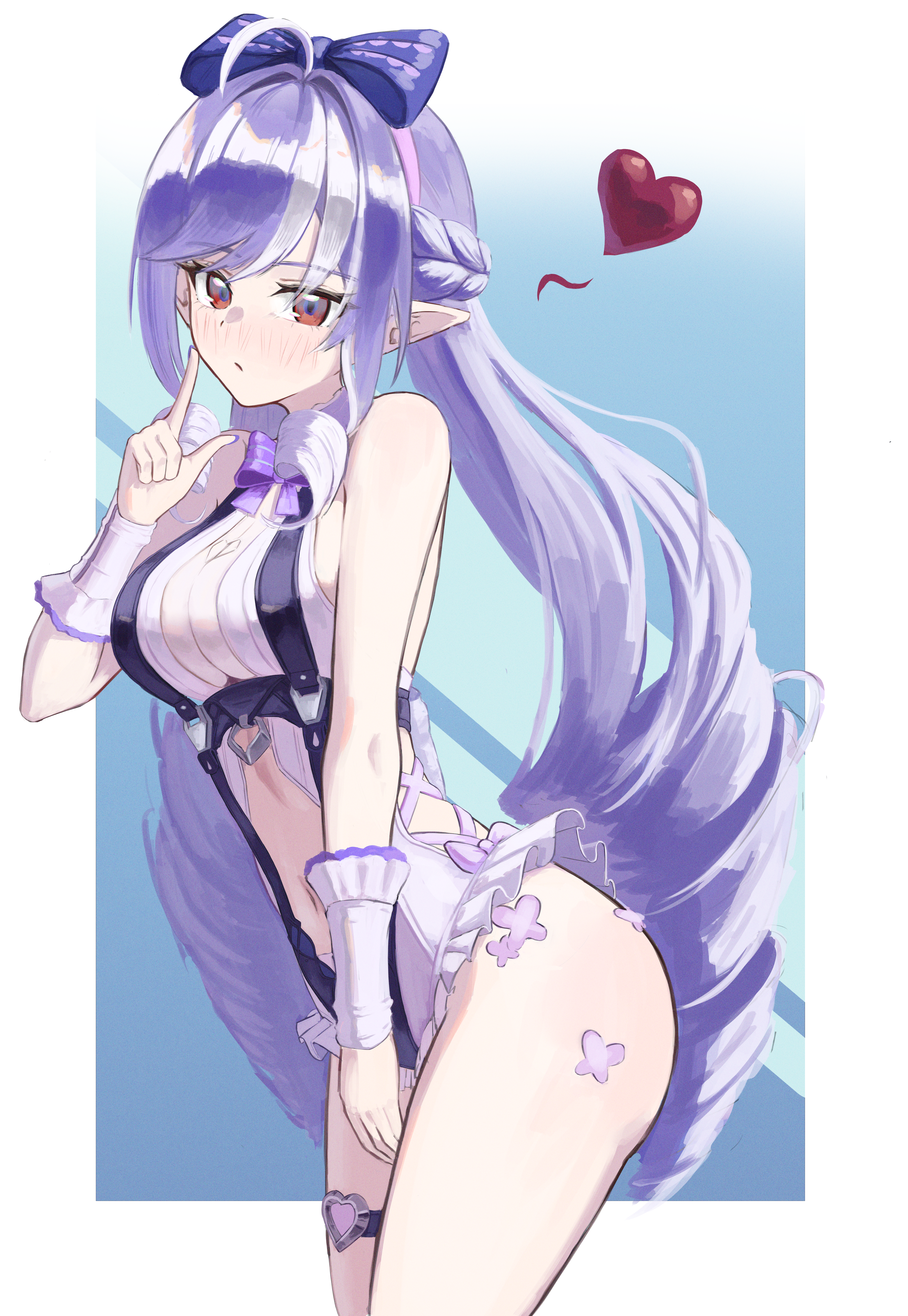 hanaet, vivian banshee, vivian banshee (iris of the shore), zenless zone zero, absurdres, highres, 1girl, ahoge, bare shoulders, black one-piece swimsuit, blush, bow, breasts, casual one-piece swimsuit, hair bow, heart, highleg, highleg one-piece swimsuit, long hair, looking at viewer, medium breasts, multicolored hair, navel, official alternate costume, one-piece swimsuit, pointy ears, purple hair, red eyes, solo, streaked hair, swimsuit, thighs, two-tone one-piece swimsuit, white one-piece swimsuit