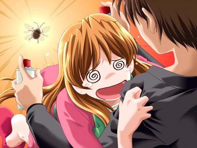 gan-chan (artist), sendou nana (tsuma x tsuma), sendou yamato, tsuma x tsuma 2, game cg, non-web source, 1boy, 1girl, @ @, brown hair, bug, hetero, hug, insecticide, long hair, open mouth, orange hair, short hair, slippers, tears