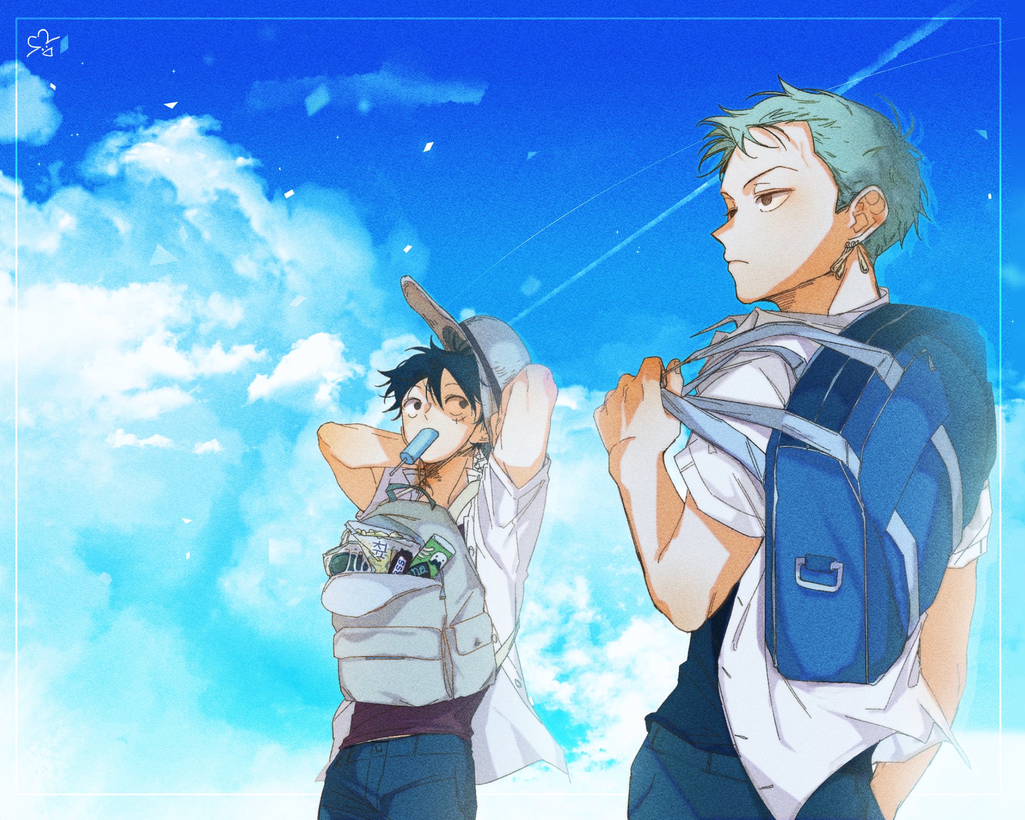 monkey d. luffy, roronoa zoro, one piece, commentary request, highres, korean commentary, 2boys, arms behind head, backpack, bag, black hair, blue pants, blue sky, closed mouth, cloud, cloudy sky, contemporary, cowboy shot, earrings, food, food in mouth, green hair, hat, holding, holding bag, jewelry, male focus, multiple boys, outdoors, pants, popsicle, popsicle in mouth, school uniform, shirt, sky, straw hat, ttoottoo, white shirt