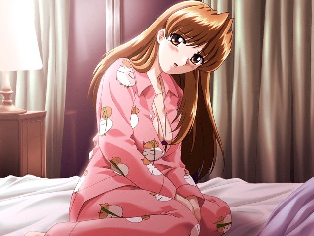 gan-chan (artist), sendou nana (tsuma x tsuma), discovery software, tsuma x tsuma 2, game cg, non-web source, 1girl, bed, blush, breasts, brown eyes, brown hair, cleavage, female focus, head tilt, jewelry, lamp, long hair, matching hair/eyes, necklace, no bra, open clothes, open mouth, open shirt, orange eyes, orange hair, pajamas, shirt, sitting, solo