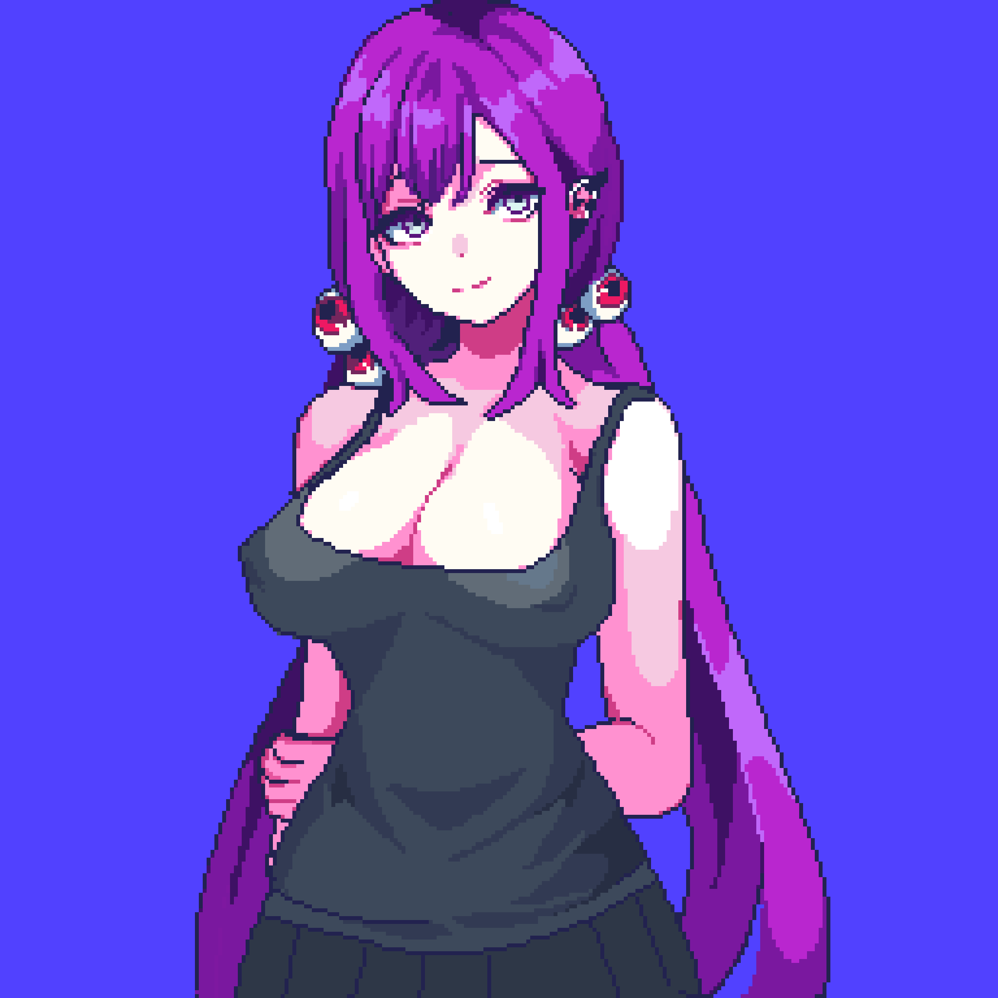 pixelcadete, original, commentary, english commentary, highres, 1girl, arm behind back, black tank top, blue background, breasts, cleavage, closed mouth, cowboy shot, disembodied eye, grey eyes, large breasts, long hair, looking at viewer, parted bangs, pixel art, purple hair, simple background, smile, solo, tank top