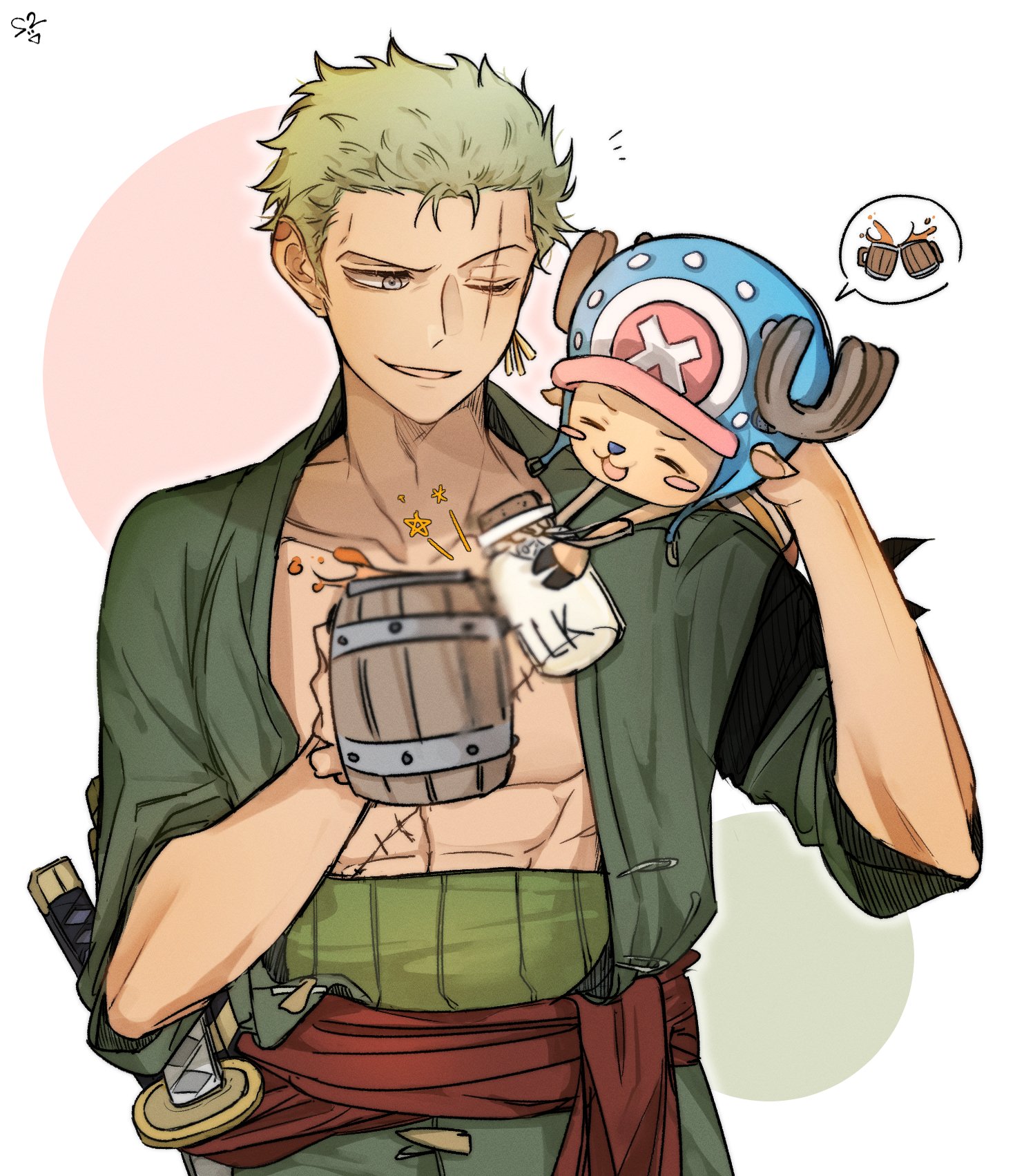 roronoa zoro, tony tony chopper, one piece, commentary, highres, symbol-only commentary, 2boys, animal ears, antlers, beer mug, blush stickers, bottle, cup, deer ears, green hair, green kimono, haramaki, holding, holding bottle, holding cup, horns, japanese clothes, katana, kimono, looking at another, male focus, milk bottle, mug, multiple boys, on shoulder, one eye closed, parted lips, reindeer antlers, reindeer boy, sash, scar, scar across eyebrow, scar on chest, scar on face, sheath, sheathed, short hair, smile, sword, toasting (gesture), ttoottoo, upper body, weapon