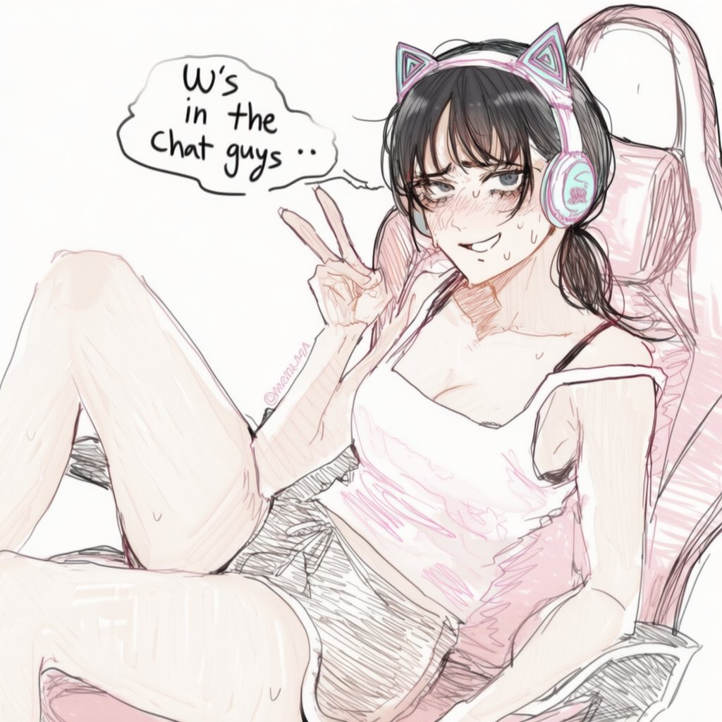 lapis slopzuli, mitaka asa, chainsaw man, commentary, english commentary, 1girl, animal ear headphones, animal ears, artist name, black bra, black eyes, black hair, black shorts, blush, bra, breasts, camisole, cat ear headphones, cat ears, chair, dolphin shorts, english text, fake animal ears, gaming chair, headphones, looking at viewer, on chair, pink camisole, shorts, simple background, sitting, solo, speech bubble, sweat, swivel chair, twitter username, underwear, v, white background