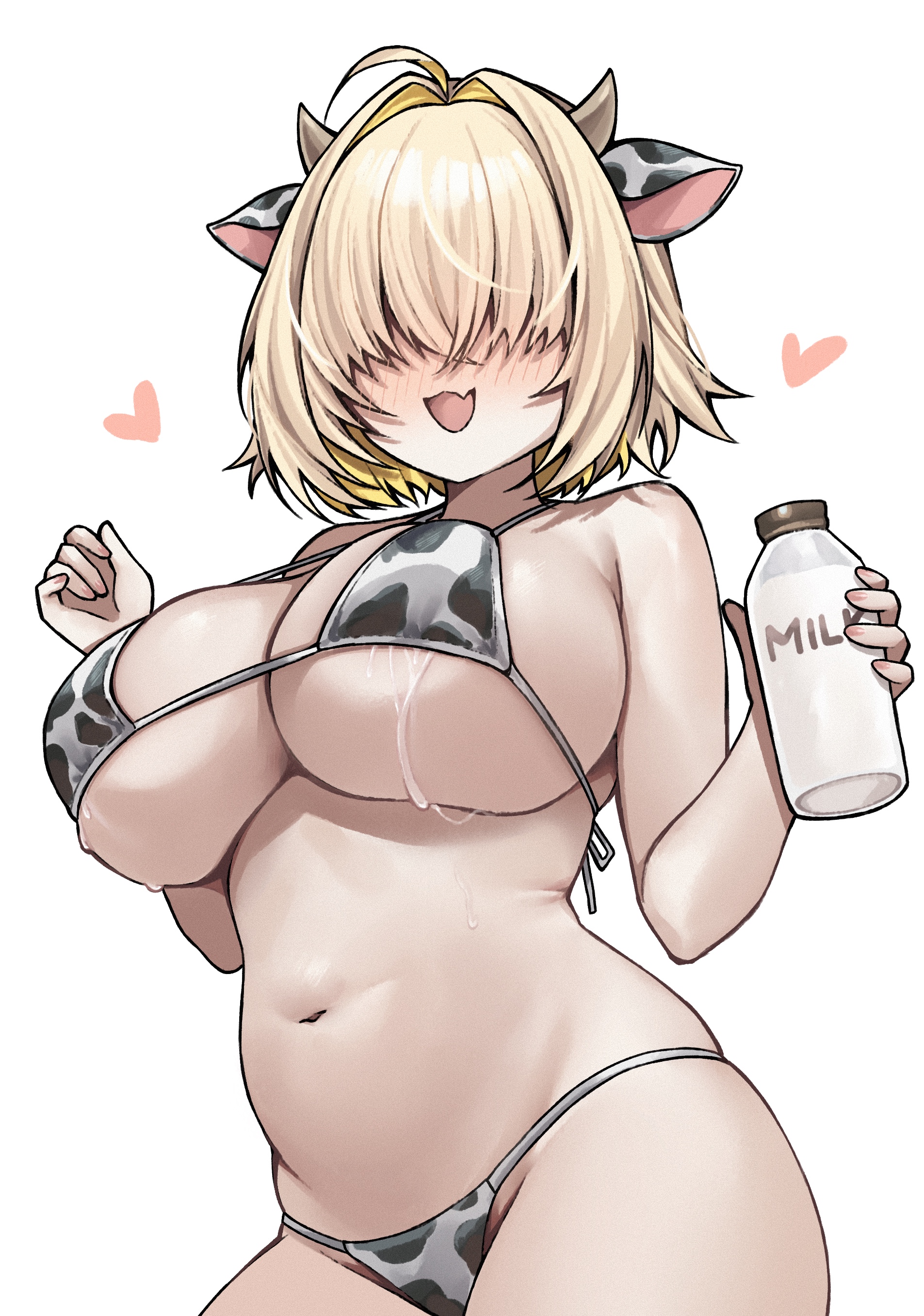 miclipse, elegg (nikke), goddess of victory: nikke, absurdres, highres, 1girl, :d, animal ears, animal print, bikini, blonde hair, blush, bottle, breasts, cow ears, cow horns, cow print, cow print bikini, curvy, fang, hands up, heart, holding, holding bottle, horns, large breasts, milk bottle, navel, open mouth, print bikini, short hair, simple background, smile, solo, stomach, swimsuit, white background