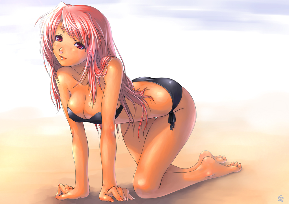 piro (artist), piro (orip), original, 1girl, all fours, bandeau, barefoot, bikini, black bikini, breasts, cleavage, feet, female focus, large breasts, long hair, pink hair, side-tie bikini bottom, solo, swimsuit