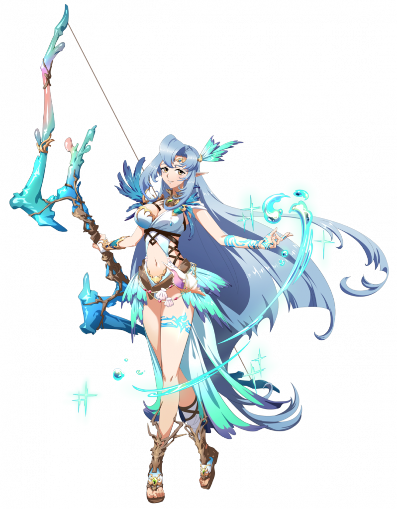 langrisser, langrisser mobile, game cg, official art, third-party source, 1girl, arm guards, bandaged leg, bandages, blue hair, body markings, bow (weapon), breasts, brooch, circlet, clam shell, cleavage, closed mouth, clothing cutout, conch, crossed legs, curtained hair, full body, hair ornament, holding, holding bow (weapon), holding weapon, huge weapon, hydrokinesis, jewelry, large breasts, leotard, long hair, long sidelocks, looking at viewer, magic, navel, navel cutout, nemia (langrisser), outstretched arm, parted bangs, pointy ears, revealing clothes, sandals, seashell, shell, side cutout, sidelocks, simple background, single vambrace, smile, solo, standing, strap, swirl, tachi-e, transparent background, vambraces, very long hair, water, weapon, yellow eyes