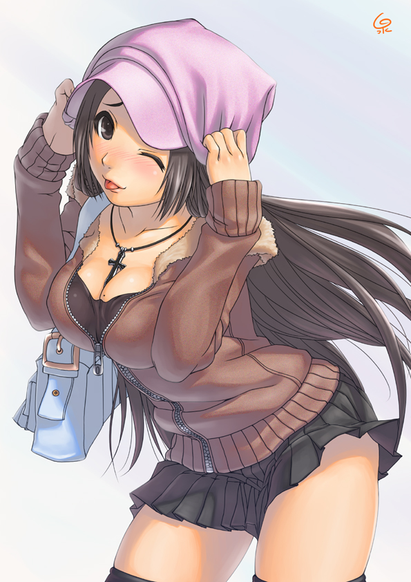piro (artist), piro (orip), original, bad id, bad pixiv id, 1girl, :p, ;p, adjusting clothes, adjusting headwear, bag, black hair, black thighhighs, blush, breasts, cleavage, cross, female focus, hat, jewelry, large breasts, long hair, miniskirt, mole, mole on breast, necklace, one eye closed, skirt, solo, thighhighs, tongue, tongue out, unzipped, wink