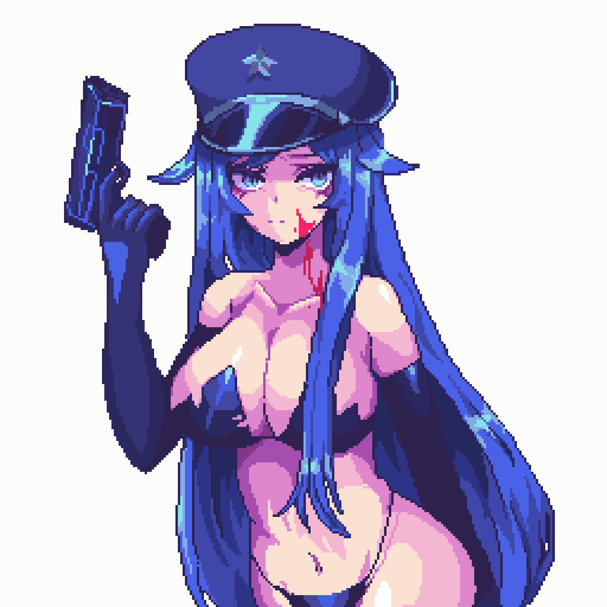 pixelcadete, original, commentary, hashtag-only commentary, highres, 1girl, bare shoulders, bikini, blood, blood on face, blood on neck, blue bikini, blue eyes, blue gloves, blue hair, blue hat, breasts, cleavage, closed mouth, collarbone, cowboy shot, elbow gloves, finger on trigger, gloves, gun, handgun, hat, holding, holding gun, holding weapon, large breasts, long hair, looking at viewer, parted bangs, peaked cap, pixel art, simple background, solo, strapless, strapless bikini, swimsuit, weapon, white background