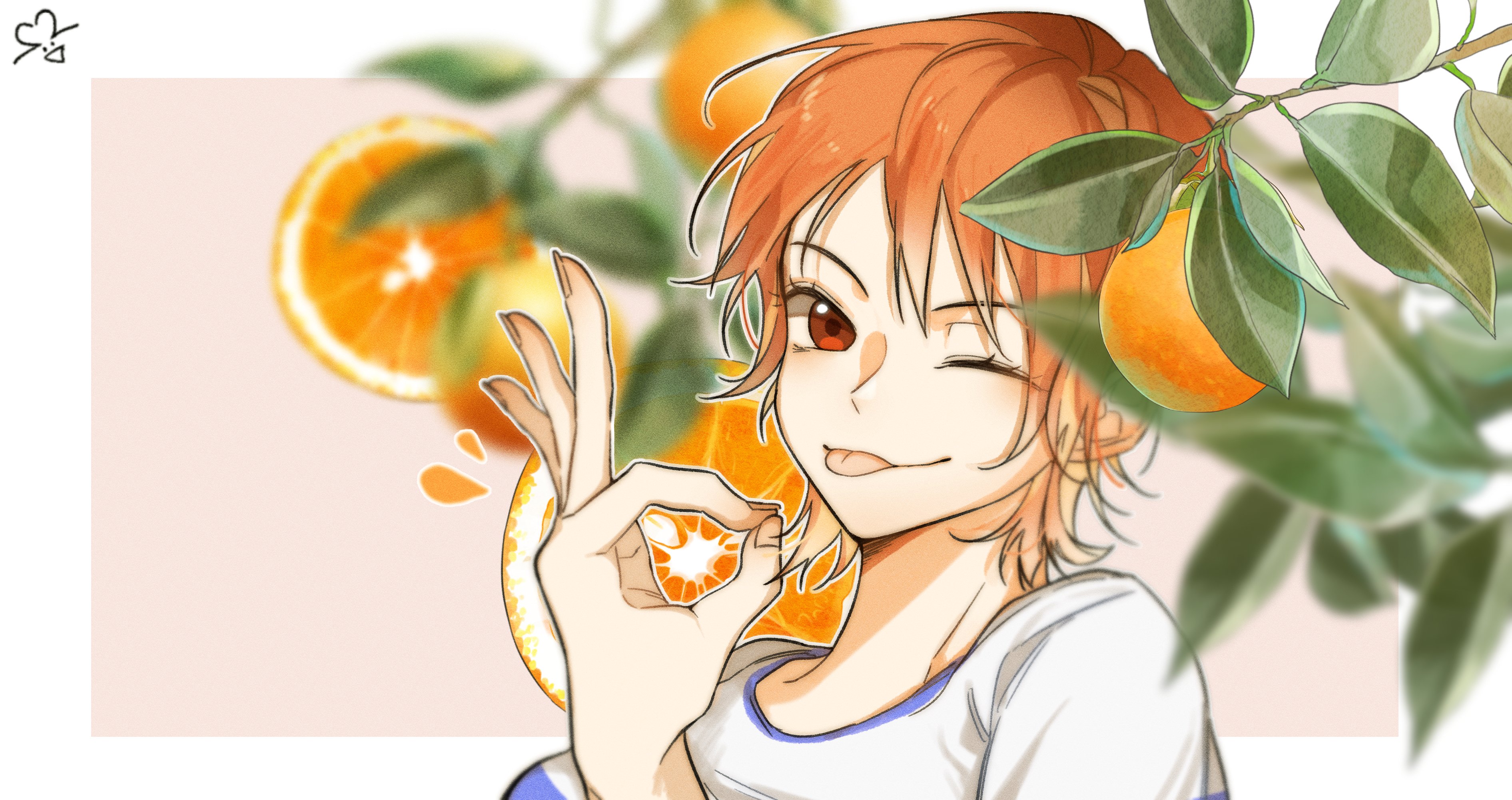 nami (one piece), one piece, absurdres, commentary, highres, symbol-only commentary, 1girl, blurry, blurry background, blurry foreground, border, branch, brown eyes, closed mouth, food, fruit, light blush, looking at viewer, mandarin orange, ok sign, one eye closed, orange hair, orange tree, outside border, shirt, short hair, signature, smile, solo, tongue, tongue out, ttoottoo, upper body, white border, white shirt