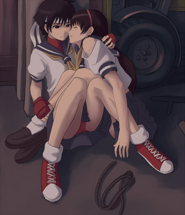 maasan, chitose kei, kasugano sakura, capcom, street fighter, bad id, bad pixiv id, 2girls, black hair, blue sailor collar, carrying, fingerless gloves, gloves, hairband, headband, multiple girls, panties, sailor collar, school uniform, serafuku, short hair, strap slip, torn clothes, underwear, upskirt, yuri