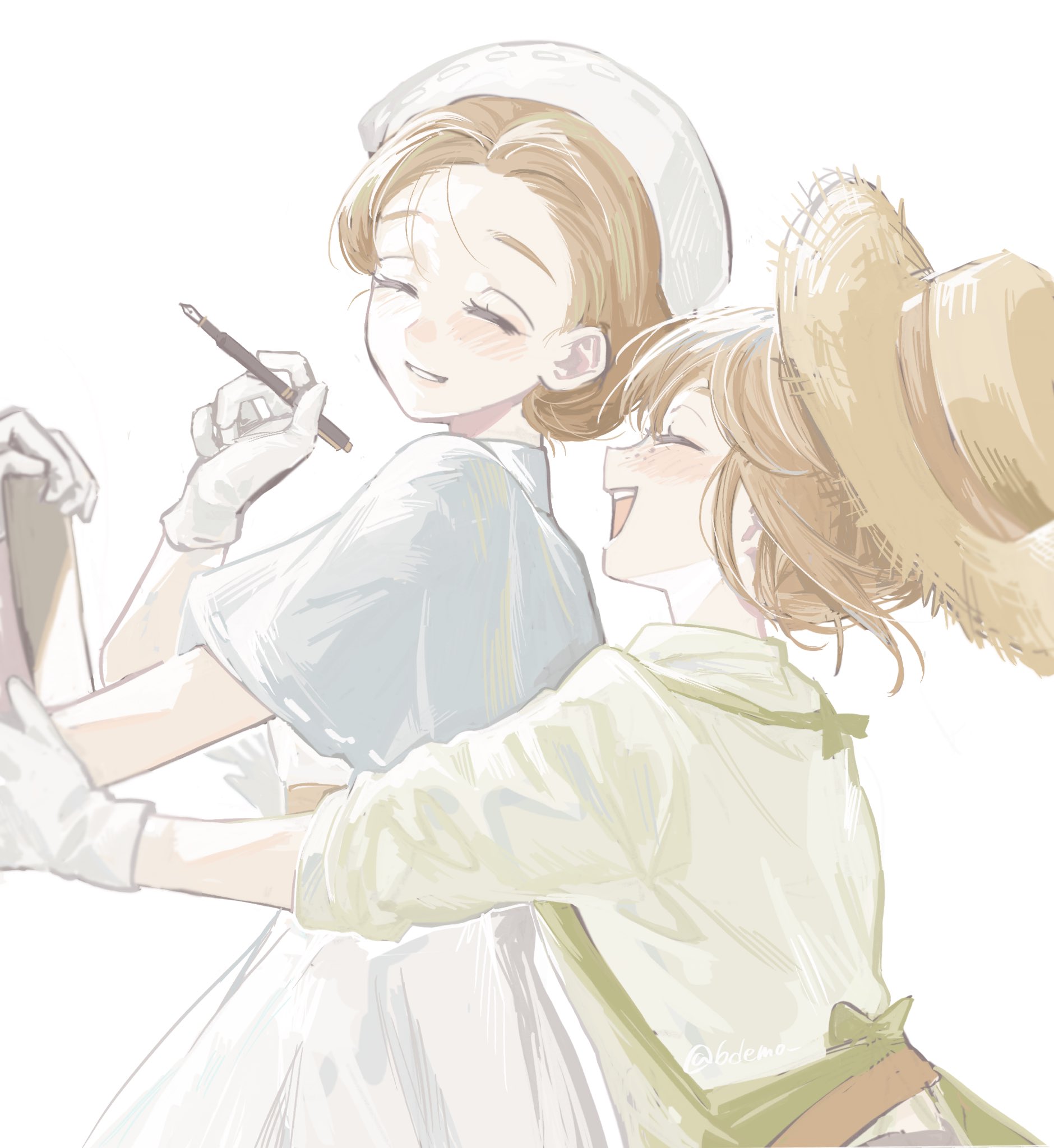 6demo, emily dyer, emma woods, identity v, highres, 2girls, apron, blue capelet, blush, brown hair, capelet, closed eyes, floating hair, green apron, grin, hat, holding, holding pen, light blush, multiple girls, nib pen (object), pastel colors, pen, shirt, short hair, smile, straw hat, white background, white shirt