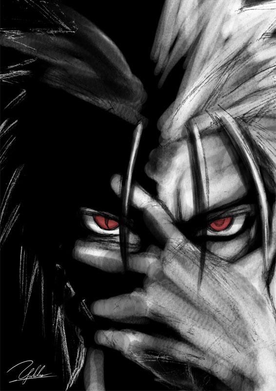 yukihiro, original, 1boy, greyscale, male focus, monochrome, red eyes, signature, solo, spot color, white hair