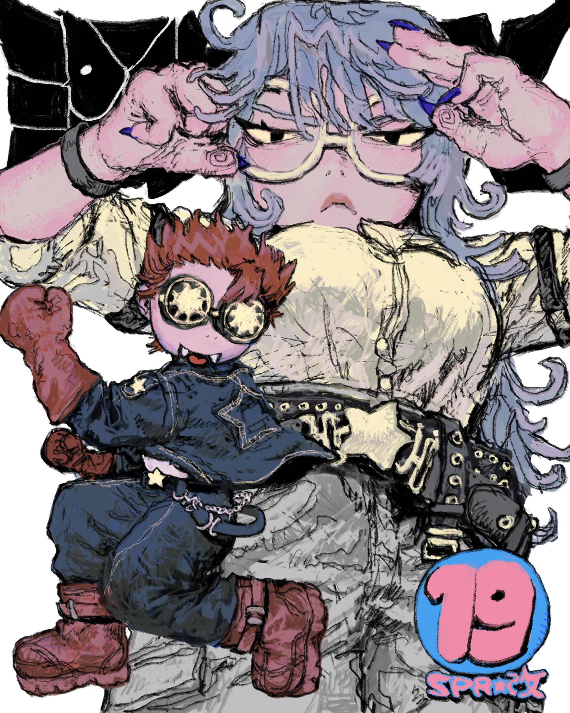 mettaflix, original, absurdres, commentary, highres, 1boy, 1girl, brown gloves, brown hair, fangs, glasses, gloves, goggles, long hair, purple nails, short hair, star (symbol)