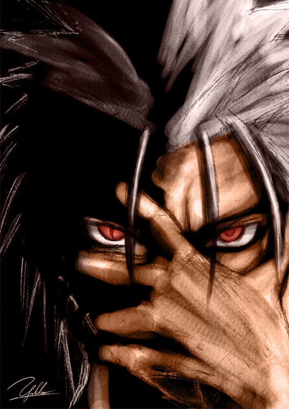 yukihiro, original, 1boy, male focus, red eyes, signature, solo, white hair