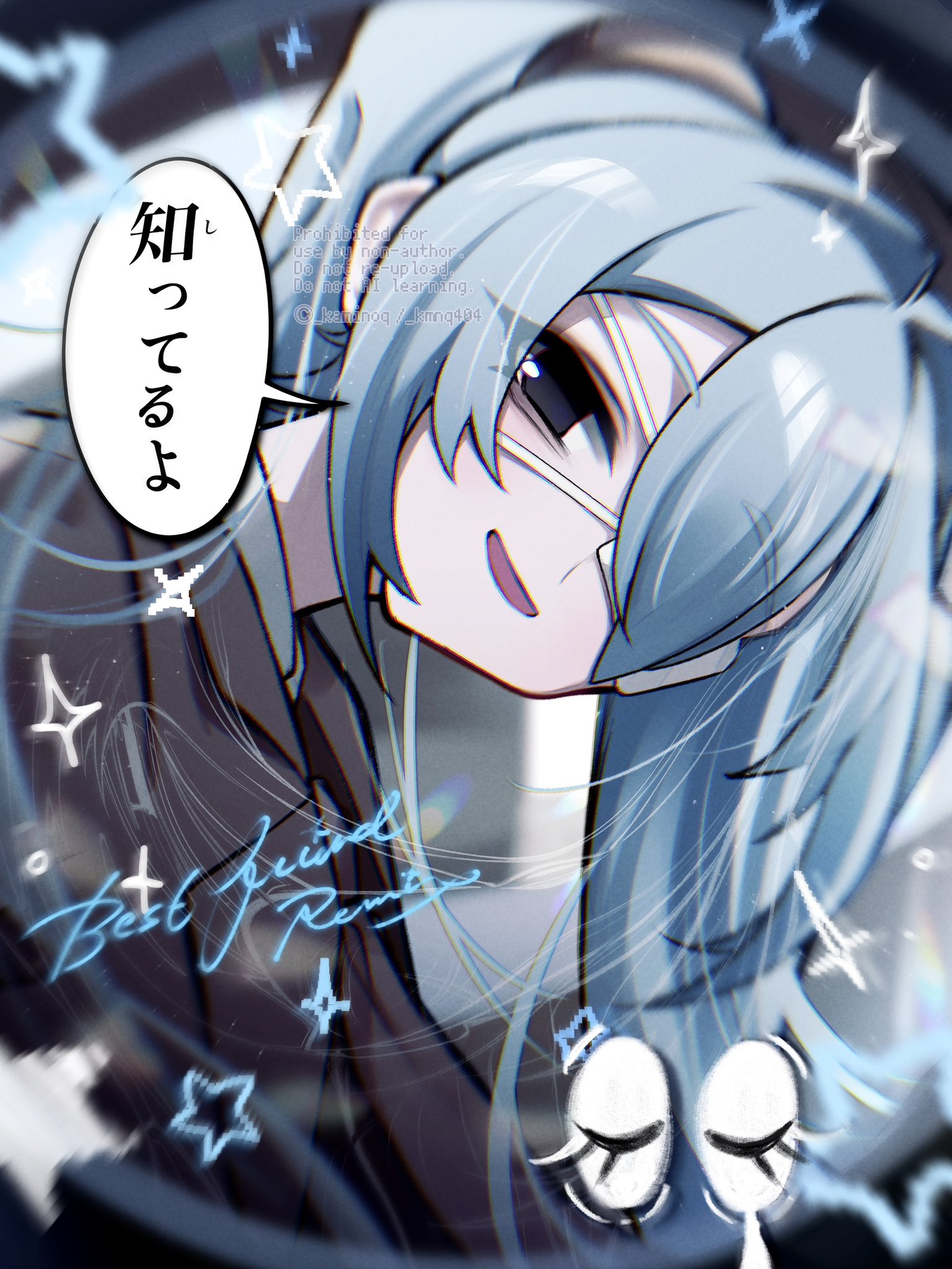 kaminoq, hatsune miku, monitoring (vocaloid), vocaloid, commentary request, highres, translation request, 1girl, blue eyes, blue hair, brown jacket, eyepatch, grey eyes, hair over one eye, jacket, long hair, looking at viewer, open mouth, portrait, smile, solo, twintails