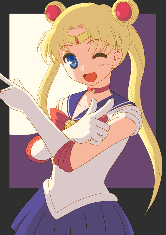 nonta, sailor moon, tsukino usagi, bishoujo senshi sailor moon, bishoujo senshi sailor moon r, 1990s (style), 1girl, blonde hair, blue eyes, blue sailor collar, blue skirt, bow, double bun, elbow gloves, female focus, full moon, gloves, hair bun, m/, magical girl, moon, one eye closed, open mouth, red bow, retro artstyle, sailor collar, skirt, solo, tiara, tsuki ni kawatte oshioki yo, twintails, white gloves, wink