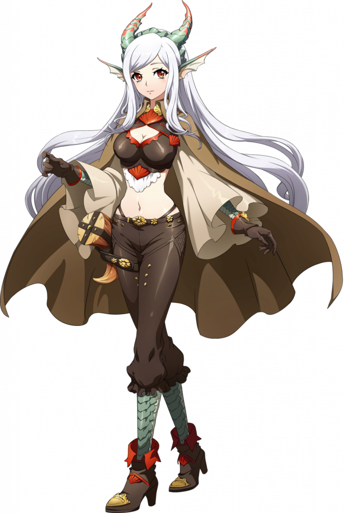 renata (langrisser), langrisser, langrisser mobile, langrisser re:incarnation, game cg, official art, third-party source, 1girl, animal ears, belt, boots, breasts, brown boots, brown cloak, brown gloves, brown panties, brown pants, brown shirt, cleavage, cleavage cutout, cloak, clothing cutout, criss-cross halter, crop top, crossed legs, dragon ears, dragon girl, dragon horns, fins, floating cape, floating hair, fold-over boots, frilled pants, frills, full body, gloves, green horns, halterneck, head fins, high heel boots, high heels, horns, lace, light smile, long hair, long sidelocks, long sleeves, looking at viewer, medium breasts, midriff, navel, panties, pants, panty straps, parted lips, pointy ears, red eyes, red trim, scales, shirt, sidelocks, simple background, solo, standing, tachi-e, transparent background, underwear, white hair, wide sleeves