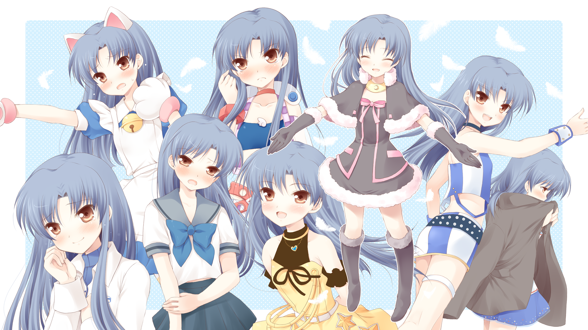 komi zumiko, komizumiko, kisaragi chihaya, idolmaster, idolmaster (classic), idolmaster 1, live for venus, maid fairy tale, bad id, bad pixiv id, highres, 00s, animal ears, animal hands, bell, blue hair, blush, boots, brown eyes, cape, cat ears, choker, cool & sexy (idolmaster), cosmic & funny (idolmaster), cute & girly (idolmaster), dress, feathers, gloves, jewelry, miniskirt, necklace, ribbon, school uniform, serafuku, skirt, thigh strap
