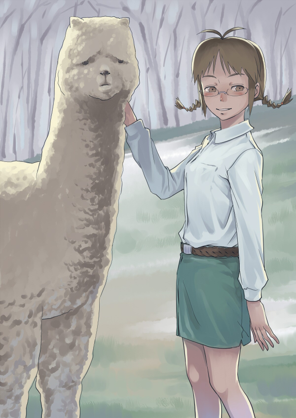 inu (aerodog), akizuki ritsuko, idolmaster, idolmaster (classic), idolmaster 1, 00s, 1girl, alpaca, blush, braid, breasts, brown eyes, brown hair, female focus, llama, looking at viewer, outdoors, small breasts, smile, solo