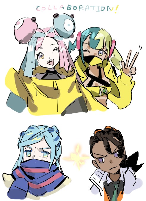 raine (acke2445), canari (pokemon), grusha (pokemon), iono (pokemon), magnemite, naveen (pokemon), nintendo, pokemon, pokemon legends: z-a, pokemon sv, 2boys, 2girls, aqua eyes, aqua hair, bandeau, black mask, blonde hair, blue hair, blue mittens, blue scarf, bow-shaped hair, breasts, brown hair, character hair ornament, cleavage, closed mouth, collared shirt, dark-skinned male, dark skin, eyelashes, fake hair bun, gen 1 pokemon, green necktie, hair ornament, jacket, long hair, long sleeves, mask, midriff, mittens, mouth mask, multicolored hair, multiple boys, multiple girls, necktie, open clothes, open jacket, open mouth, orange vest, pink hair, scarf, scarf over mouth, sharp teeth, shirt, short twintails, smile, split-color hair, strapless, teeth, tube top, twintails, two-tone mask, undercut, vest, x (symbol), yellow jacket, yellow mask, yellow tube top