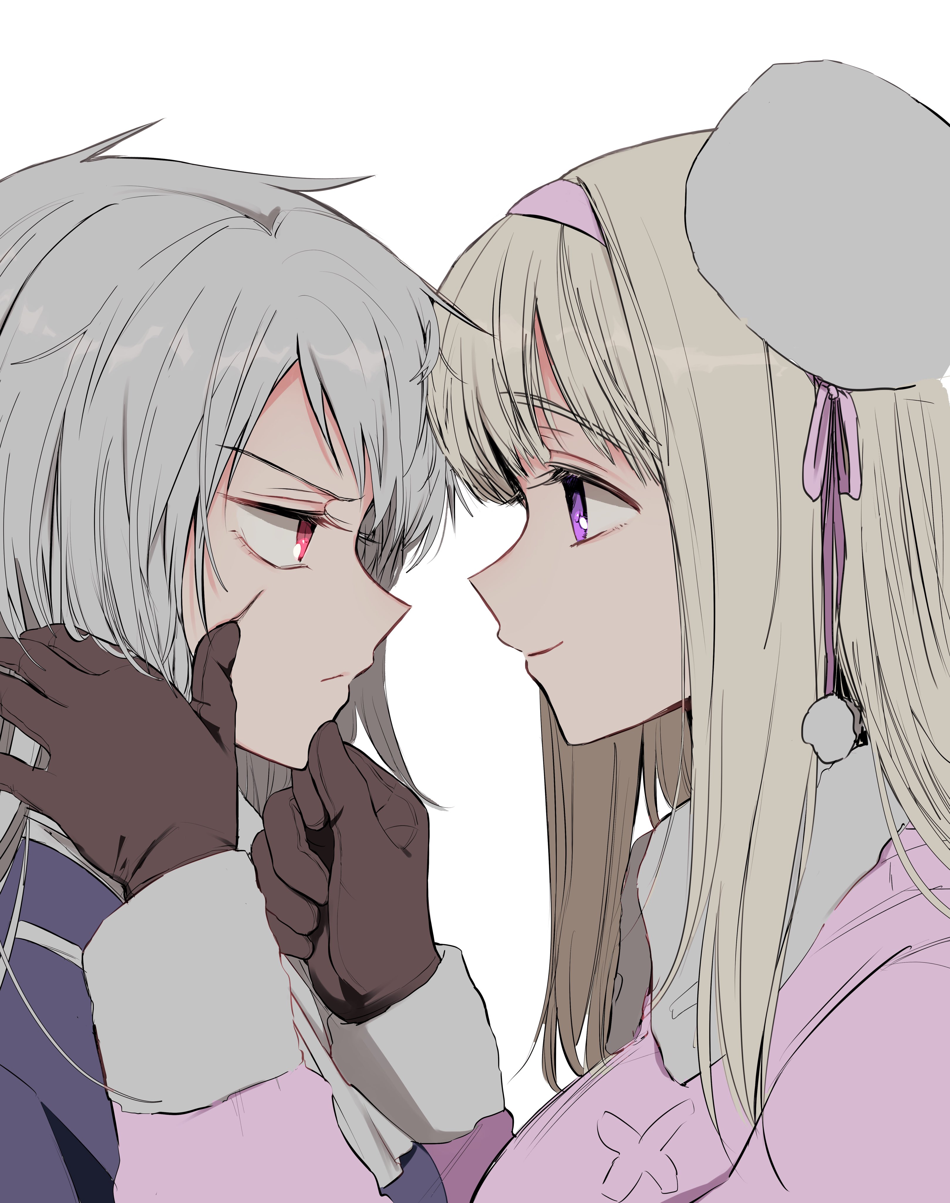prussia (hetalia), russia (hetalia), axis powers hetalia, absurdres, commentary request, highres, 2girls, ascot, blonde hair, blunt bangs, breasts, brown gloves, closed mouth, collared dress, dress, floral print, fur-trimmed dress, fur-trimmed sleeves, fur hat, fur trim, genderswap, genderswap (mtf), gloves, grey hair, hairband, half-closed eyes, hand on another's chin, hand on another's face, hands up, hat, jacket, kobonno, lapels, long hair, looking at another, medium breasts, mini hat, multiple girls, pink dress, pink eyes, pink hairband, pink ribbon, pom pom (clothes), prussia (female) (hetalia), purple eyes, purple jacket, ribbon, russia (female) (hetalia), scar, scar on face, sidelocks, simple background, smile, upper body, v-shaped eyebrows, white ascot, white background, white hat, yuri