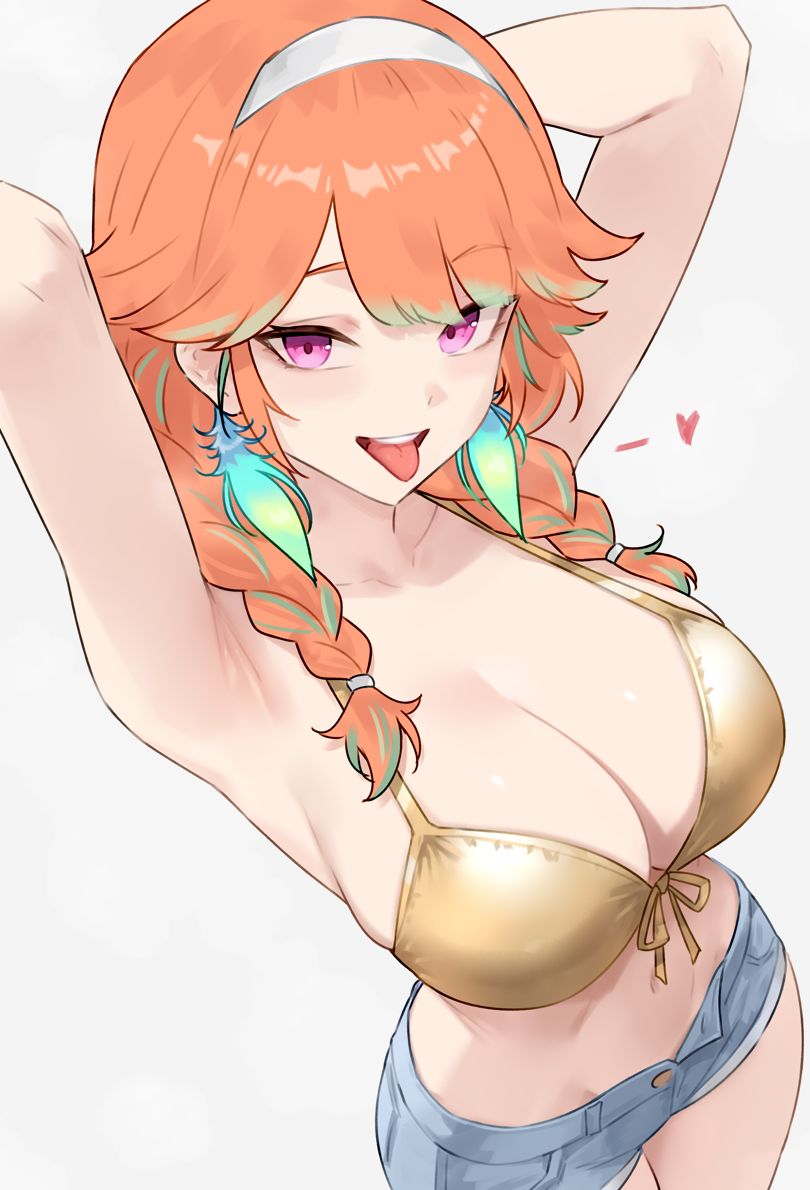 bluefield, takanashi kiara, hololive, hololive english, absurdres, commentary, highres, 1girl, alternate costume, armpits, arms behind head, arms up, bikini, bikini top only, blue shorts, braid, breasts, cleavage, denim, denim shorts, front-tie bikini top, front-tie top, gold bikini, golden week, gradient hair, green hair, hair over shoulder, hairband, large breasts, long hair, looking at viewer, low twin braids, multicolored hair, navel, official alternate hairstyle, open fly, open mouth, orange hair, pink eyes, presenting armpit, purple eyes, red hair, short shorts, shorts, simple background, solo, swimsuit, tongue, tongue out, twin braids, virtual youtuber, white background, white hairband
