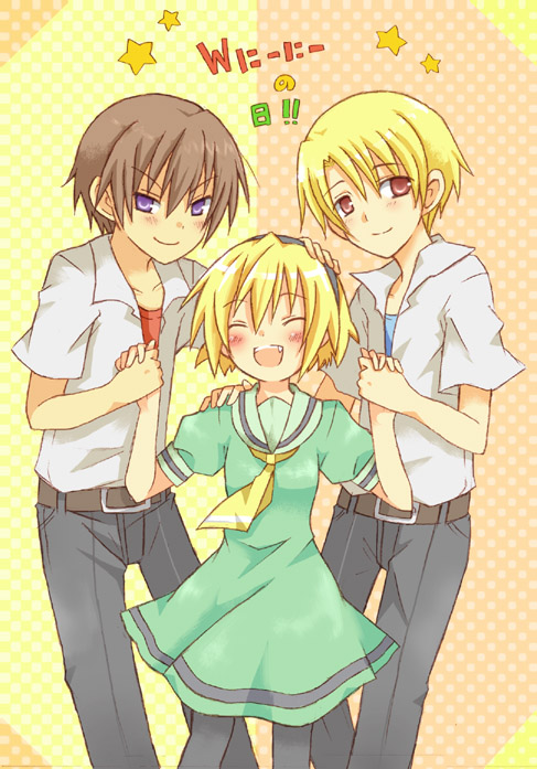 mini mamu, houjou satoko, houjou satoshi, maebara keiichi, higurashi no naku koro ni, bad id, bad pixiv id, 00s, 1girl, 2boys, blonde hair, brown hair, closed eyes, dress, fang, headpat, holding hands, multiple boys, pantyhose, purple eyes, red eyes, sailor dress, school uniform, short hair