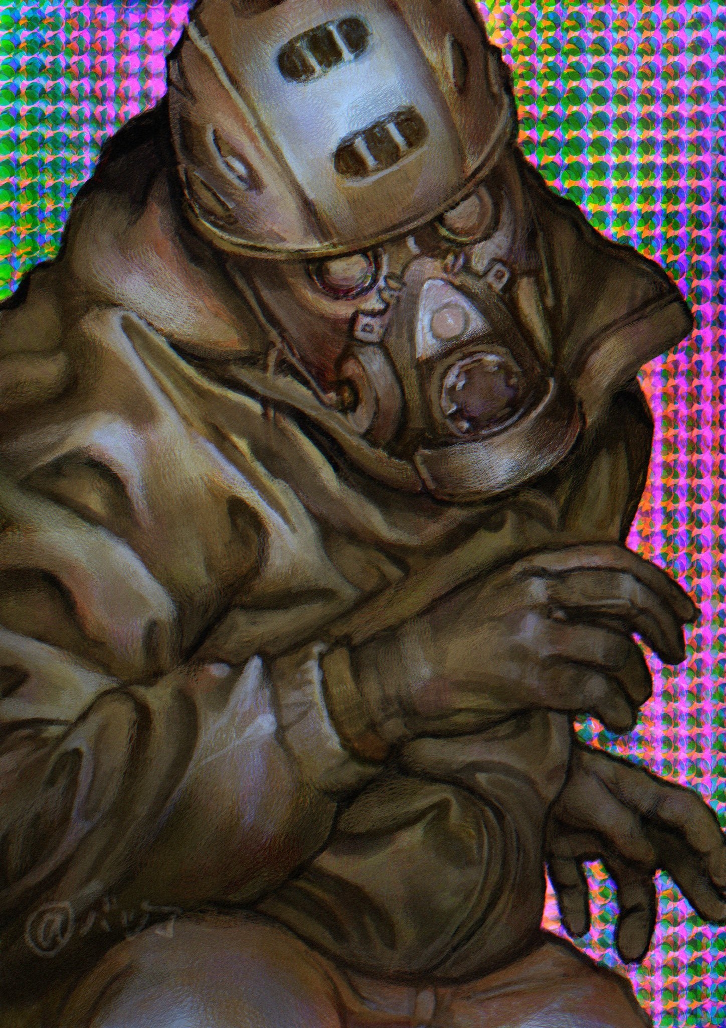 unc, aikawa (dorohedoro), dorohedoro, commentary, english commentary, highres, mixed-language commentary, 1boy, backwards hat, baseball cap, gas mask, gloves, hat, hood, hood down, jacket, mask, solo