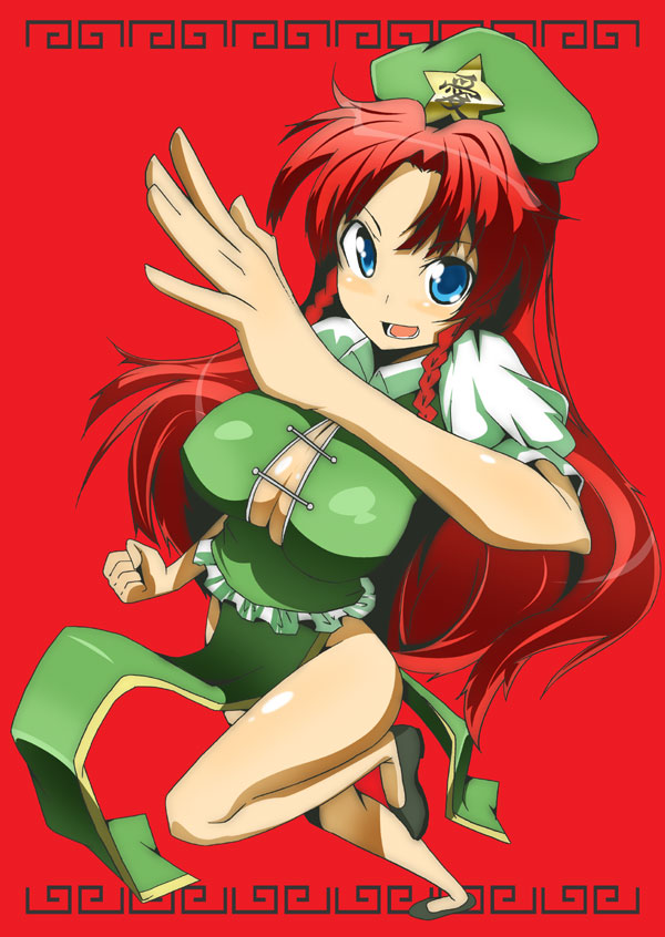 toudori, hong meiling, immaterial and missing power, touhou, 1girl, blue eyes, breasts, china dress, chinese clothes, dress, female focus, hat, long hair, no bra, no panties, red hair, solo