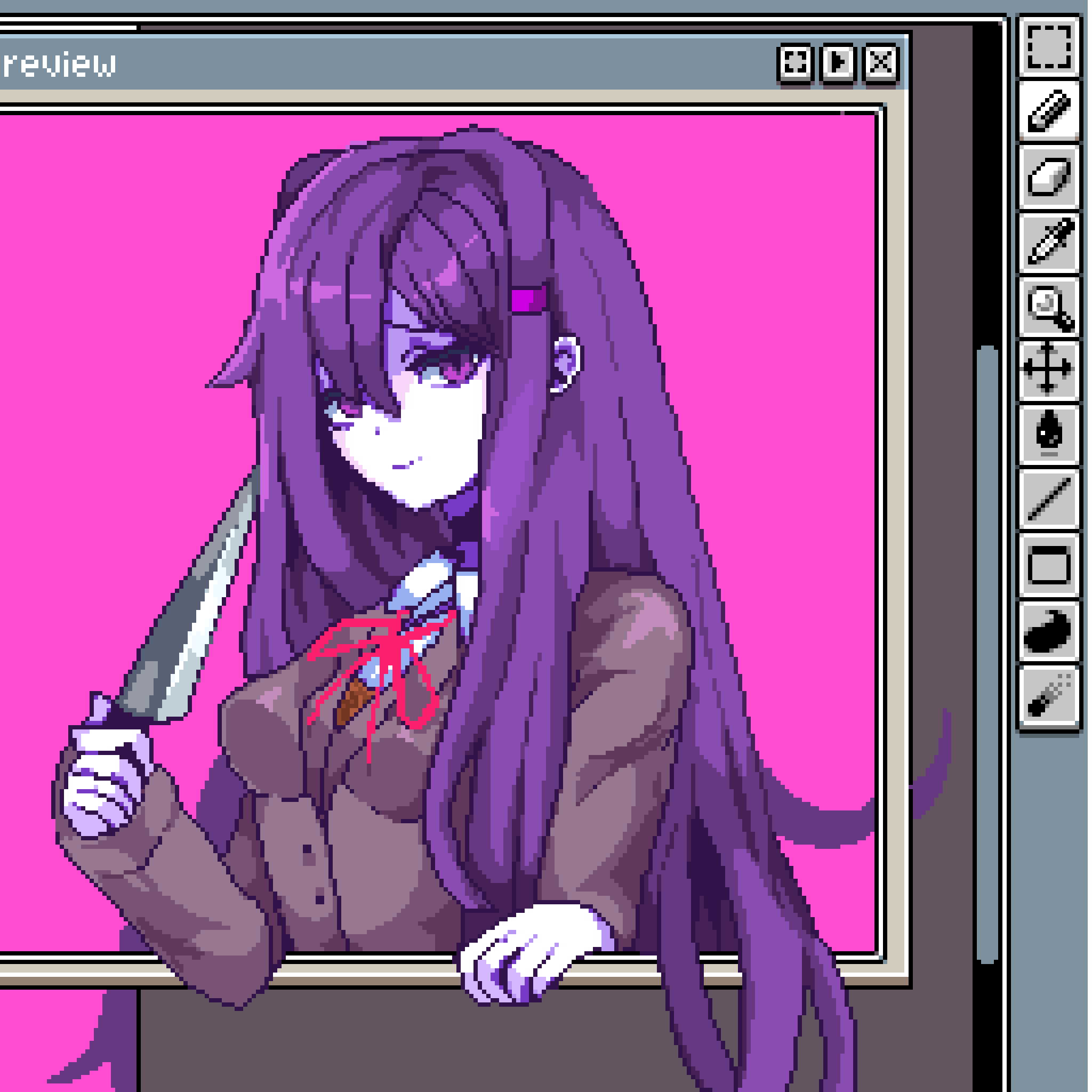 pixelcadete, yuri (doki doki literature club), doki doki literature club, commentary, hashtag-only commentary, highres, 1girl, breasts, closed mouth, doki doki literature club school uniform, double-parted bangs, grey jacket, hair between eyes, hair ornament, holding, holding knife, jacket, knife, long hair, long sleeves, looking at viewer, medium breasts, neck ribbon, pink background, pixel art, purple eyes, purple hair, red ribbon, ribbon, school uniform, smile, solo, window (computing)