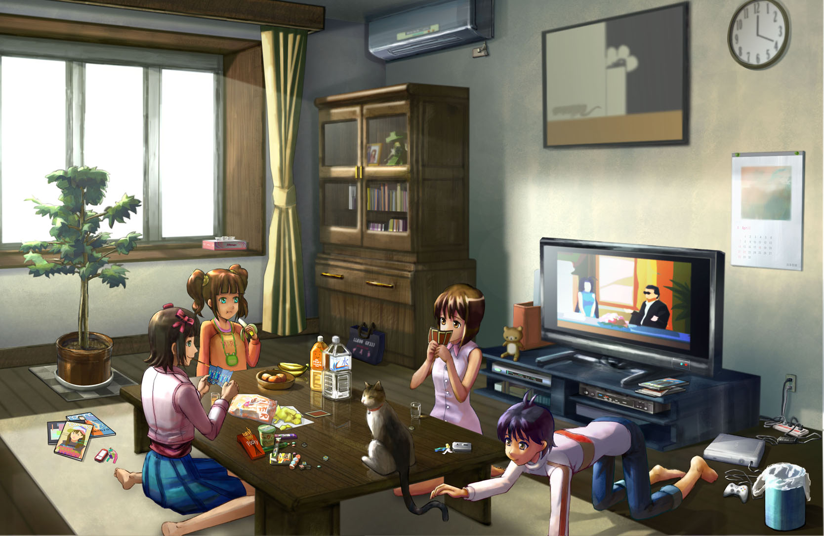 kanedamahiru, amami haruka, hagiwara yukiho, kikuchi makoto, miura azusa, takatsuki yayoi, idolmaster, idolmaster (classic), idolmaster 1, bad id, bad pixiv id, highres, 00s, 4girls, banana, barefoot, bell, bottle, candy, card, card game, carpet, cat, collar, day, food, fruit, game console, hair ribbon, holding, holding card, indoors, living room, magazine (object), multiple girls, neck bell, phone, plant, pocky, potted plant, ribbon, short hair, slice of life, stuffed animal, stuffed toy, teddy bear, television, tissue, tissue box, trash can, twintails, water bottle, xbox 360