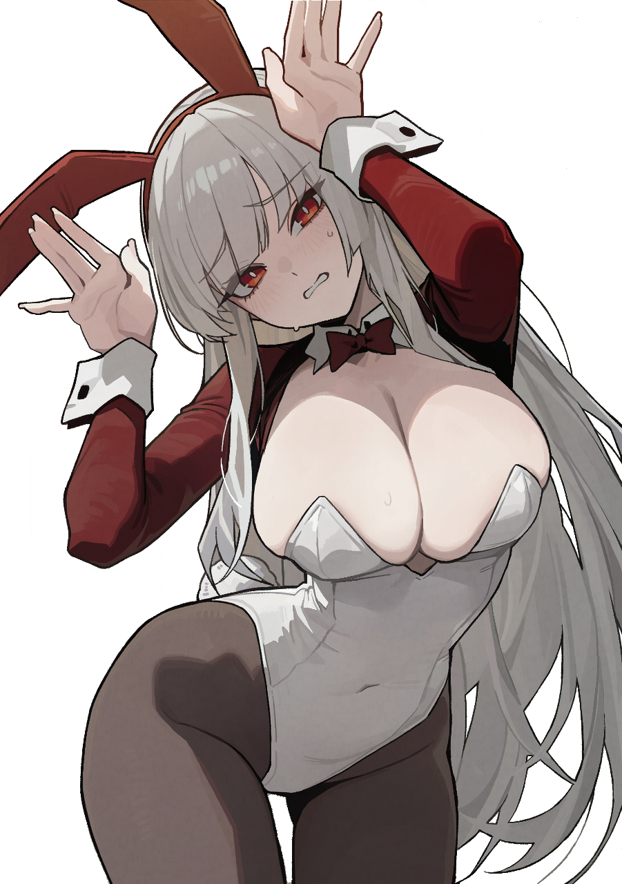 rusellunt, original, highres, 1girl, animal ears, blush, breasts, cleavage, covered navel, fake animal ears, fake tail, habin (rusellunt), hair between eyes, large breasts, leotard, long hair, looking at viewer, open mouth, pantyhose, playboy bunny, rabbit ears, rabbit tail, red eyes, simple background, solo, tail, white background, white hair, white leotard, white wrist cuffs, wrist cuffs