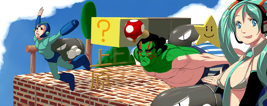 kouno (masao), bullet bill, e. honda, hatsune miku, mega man (character), super star, super star (mario), capcom, ip!, mario (series), mega man (classic), mega man (series), nintendo, street fighter, super mario bros. 1, vocaloid, bad id, bad pixiv id, translation request, 1girl, 2boys, :p, ?, ? block, aqua hair, between breasts, bikini, black hair, block (object), blue eyes, box, breasts, cloud, crossover, detached collar, fat, fat man, full body, green hair, japanese text, large breasts, long hair, looking at viewer, micro bikini, multiple boys, mushroom, necktie, necktie between breasts, outdoors, sky, smile, star (symbol), super mushroom, swimsuit, text focus, tongue, tongue out, twintails, what, yamaha, | |