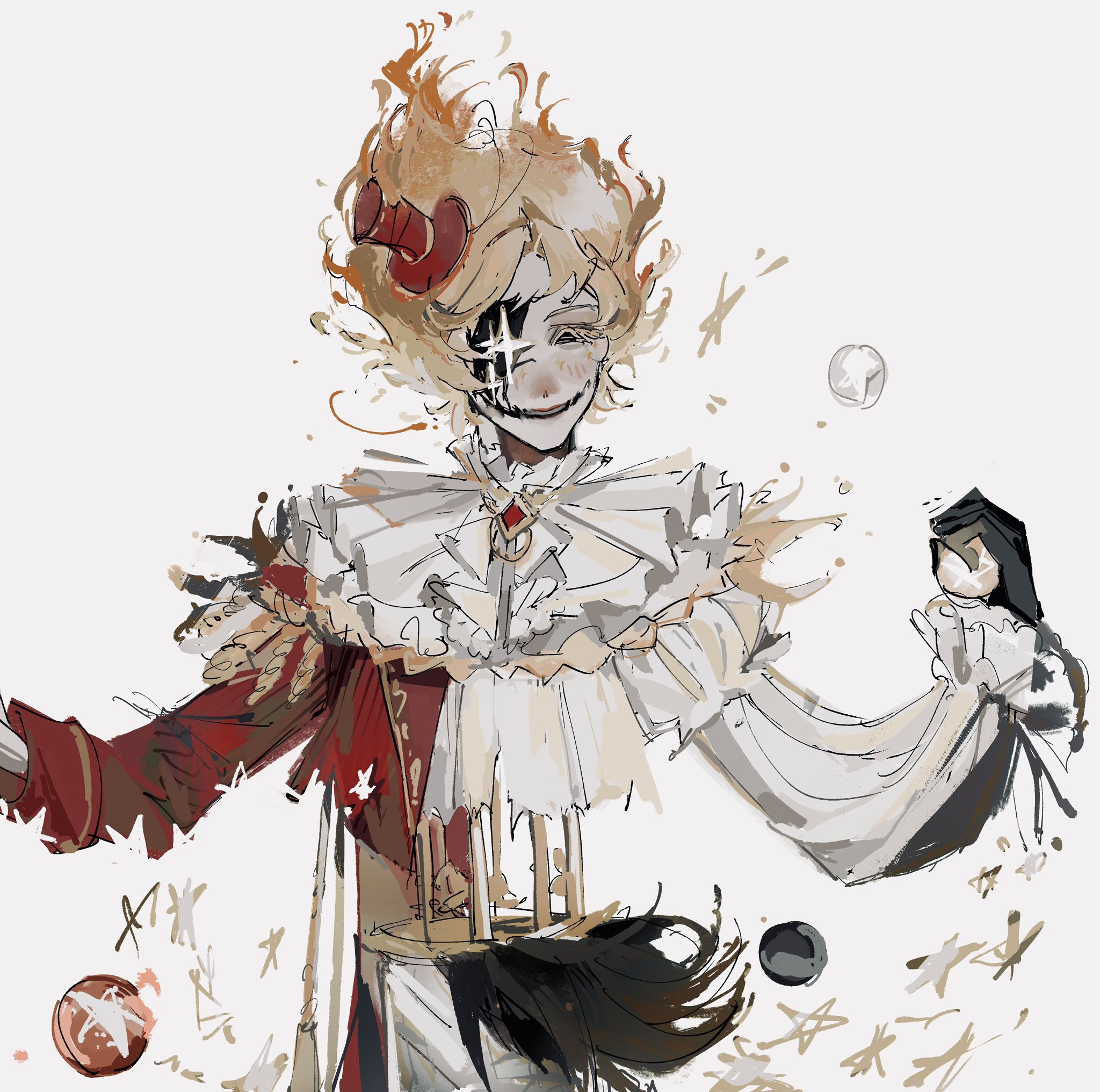 hullabaloo (brightest star) (identity v), identity v, highres, 1boy, blonde hair, colored eyelashes, colored skin, frilled sleeves, frills, gem, grey skin, grin, half-jacket, hat, hullabaloo (identity v), jacket, khanh v y, male focus, mini hat, mini top hat, neck ruff, puffy sleeves, red gemstone, red hat, red jacket, shirt, smile, star (symbol), top hat, torn clothes, white shirt