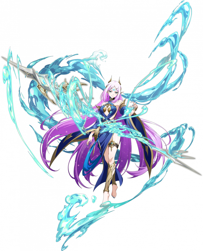 langrisser, langrisser mobile, gold armlet, game cg, official art, third-party source, 1girl, armlet, armor, aura, bare shoulders, barefoot, blue dress, blue eyes, blue nails, blue sleeves, bracelet, breasts, cleavage, closed mouth, criss-cross halter, crossed legs, detached sleeves, dress, facial mark, floating, floating clothes, floating hair, floating object, floating weapon, forehead mark, full body, gold bra, gold tiara, gold trim, gradient hair, greaves, hair ornament, halterneck, hydrokinesis, jewelry, light smile, liquid weapon, long hair, looking at viewer, magic, medium breasts, multicolored hair, nail polish, parted bangs, pink hair, pointy ears, polearm, purple hair, revealing clothes, shin guards, side slit, sidelocks, simple background, solo, spear, standing, sylrna (langrisser), tachi-e, thighlet, tiara, transparent background, very long hair, water, weapon, wide sleeves