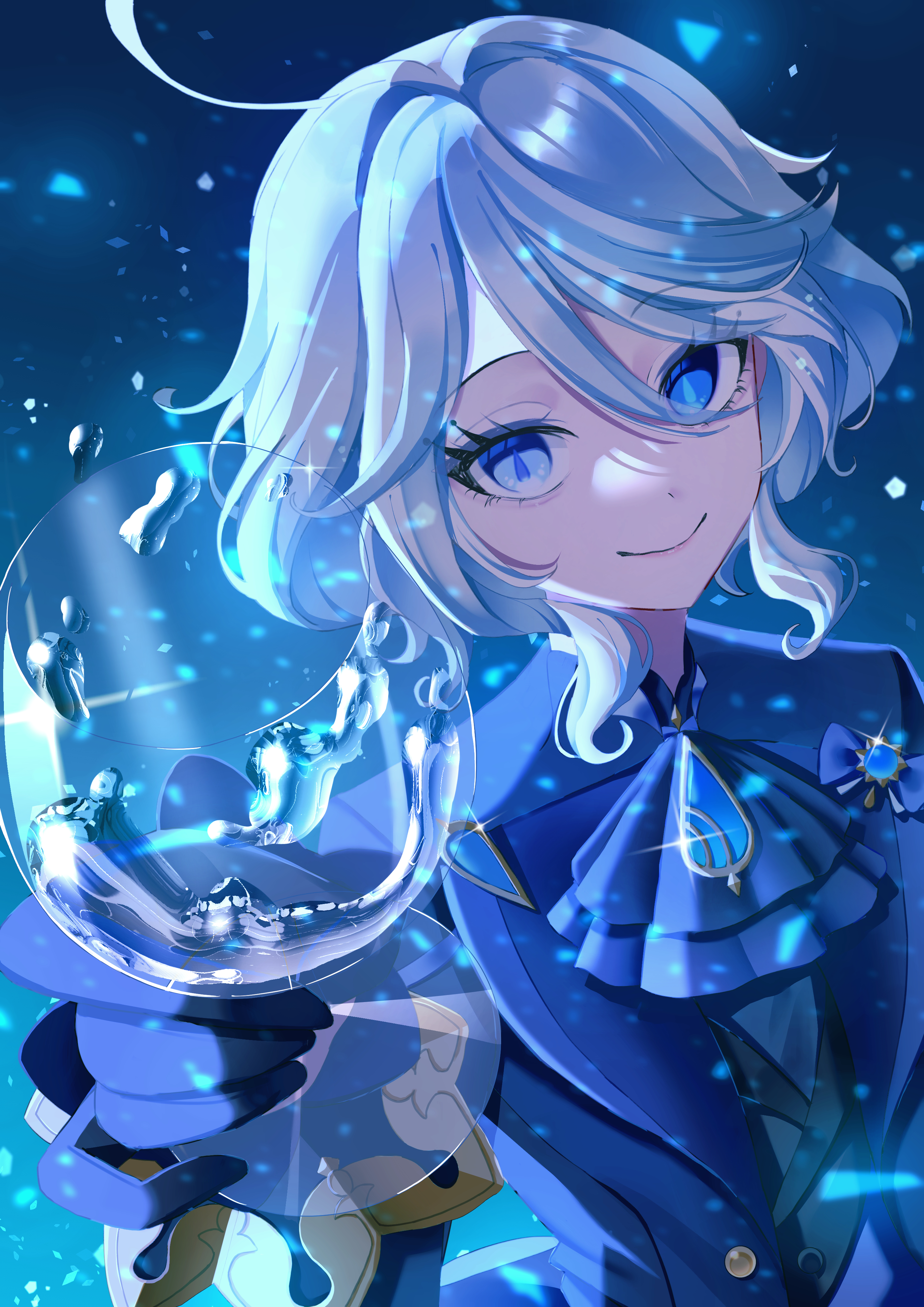 watatai, furina (genshin impact), genshin impact, absurdres, highres, 1girl, ahoge, aqua eyes, aqua hair, ascot, blue ascot, blue eyes, blue shirt, closed mouth, cup, glass, gloves, hair between eyes, heterochromia, holding, holding cup, long hair, multicolored hair, shirt, smile, solo, upper body, very long hair, water, water on glass