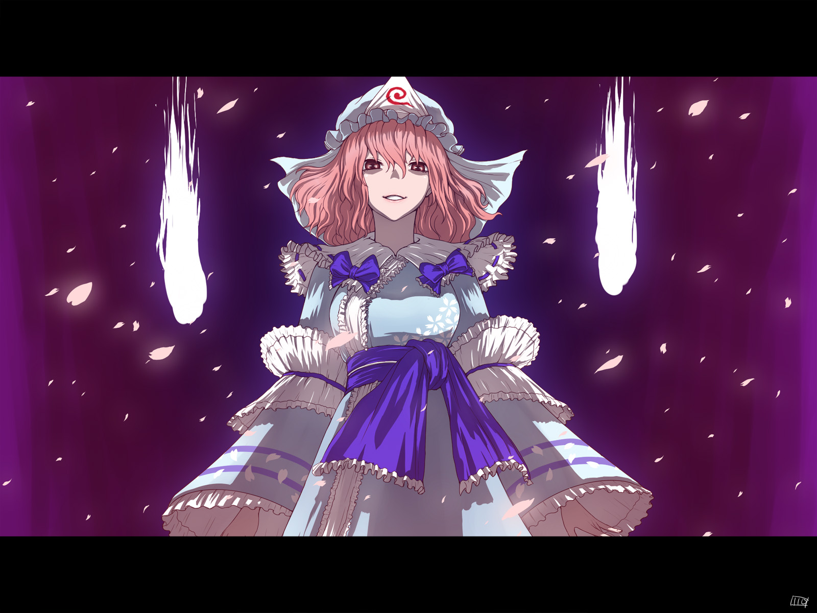 itou yuuji, saigyouji yuyuko, touhou, highres, 1girl, anime coloring, female focus, frills, glaring, hat, hitodama, japanese clothes, kimono, letterboxed, petals, pink eyes, pink hair, ribbon, short hair, smirk, solo, too many